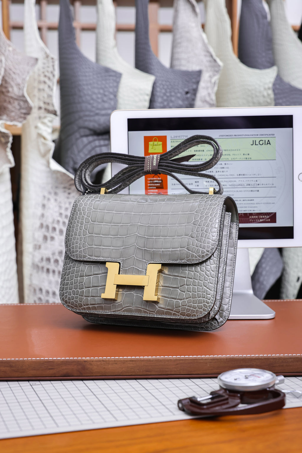 Constance- All Handmade Golden / Sliver Hardware   Cement ash Crocodile leather