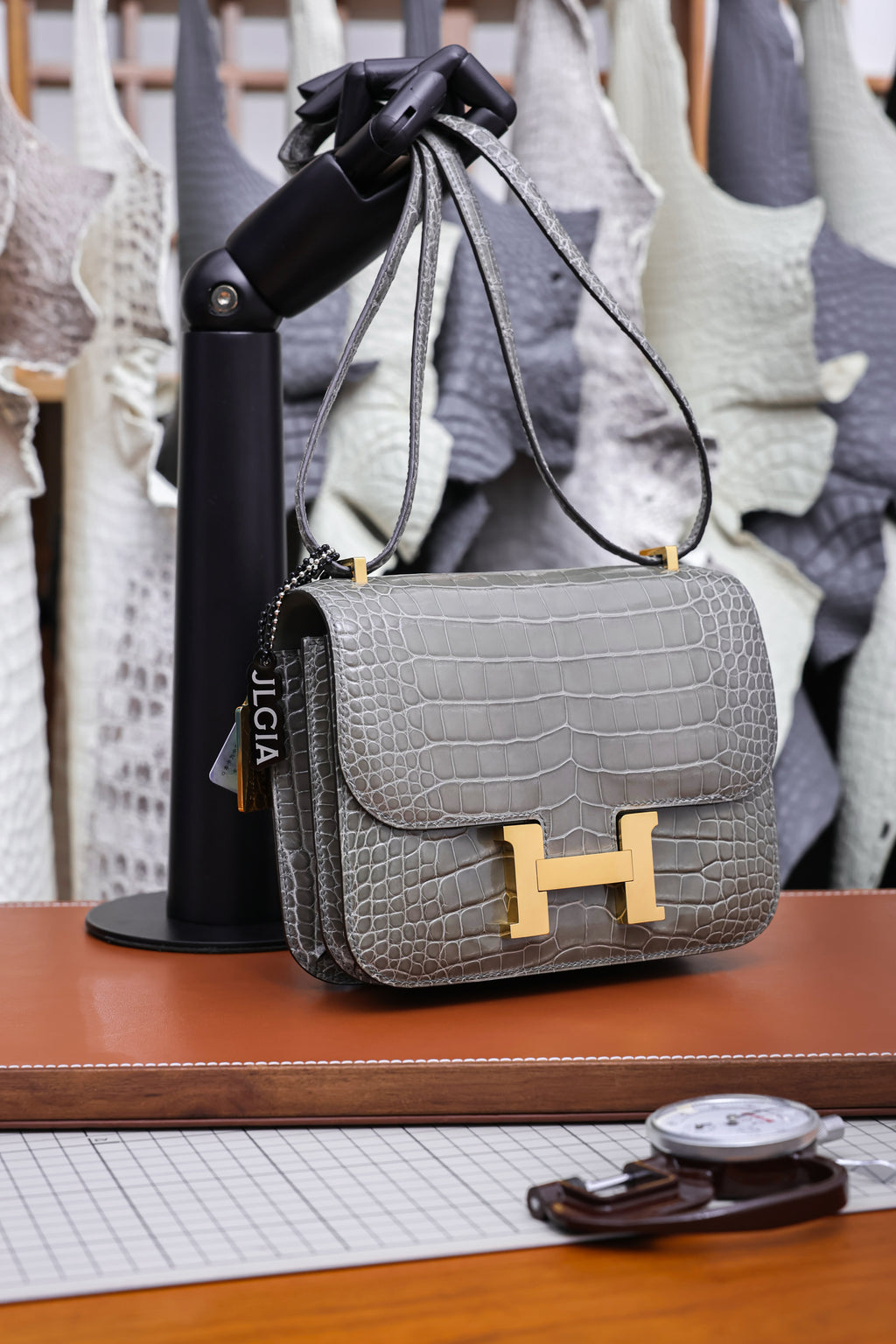 Constance- All Handmade Golden / Sliver Hardware   Cement ash Crocodile leather