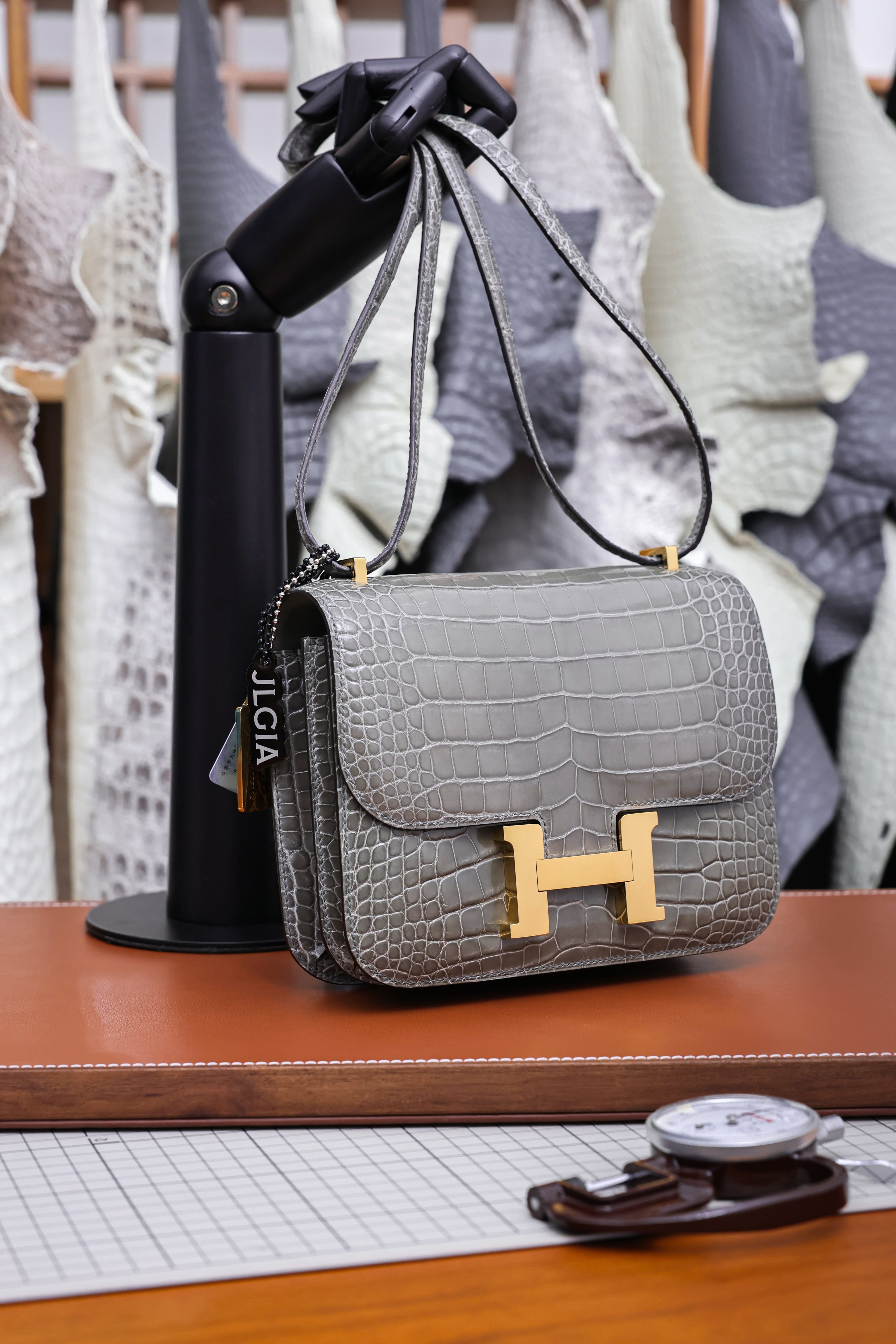 Constance- All Handmade Golden / Sliver Hardware   Cement ash Crocodile leather