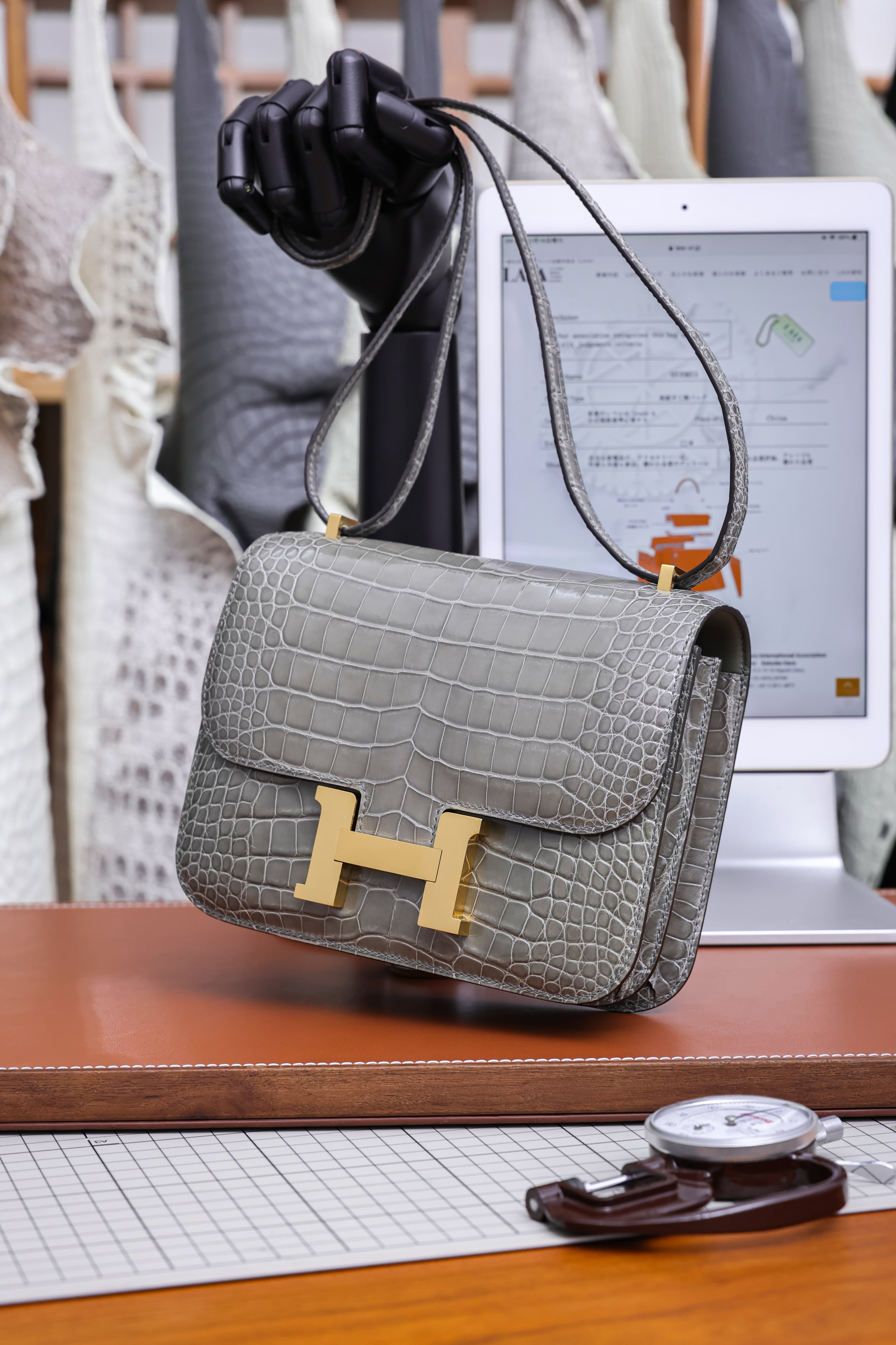 Constance- All Handmade Golden / Sliver Hardware   Cement ash Crocodile leather