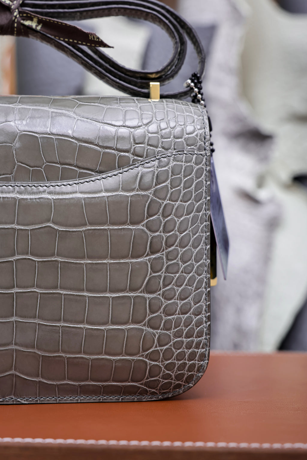 Constance- All Handmade Golden / Sliver Hardware   Cement ash Crocodile leather