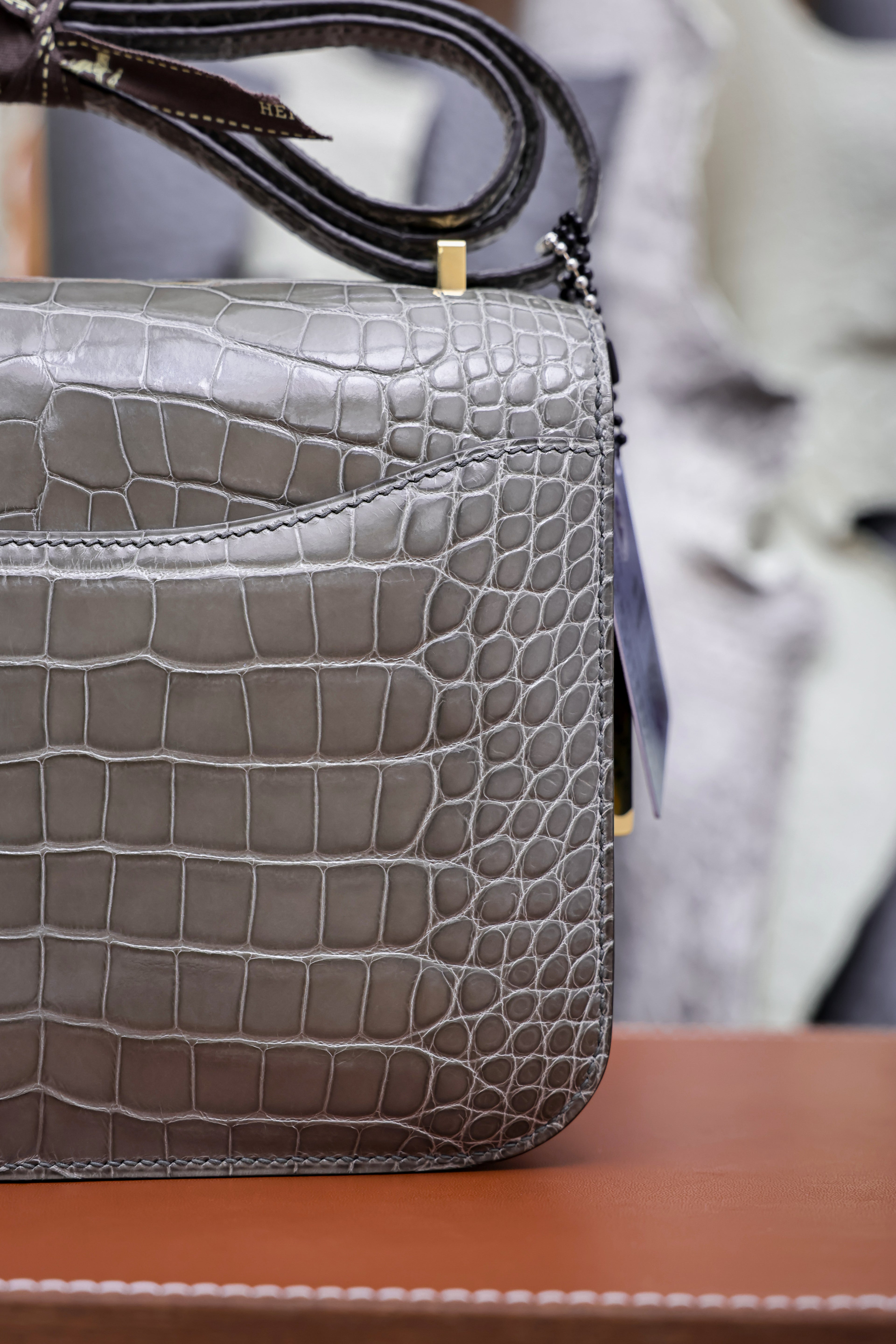 Constance- All Handmade Golden / Sliver Hardware   Cement ash Crocodile leather