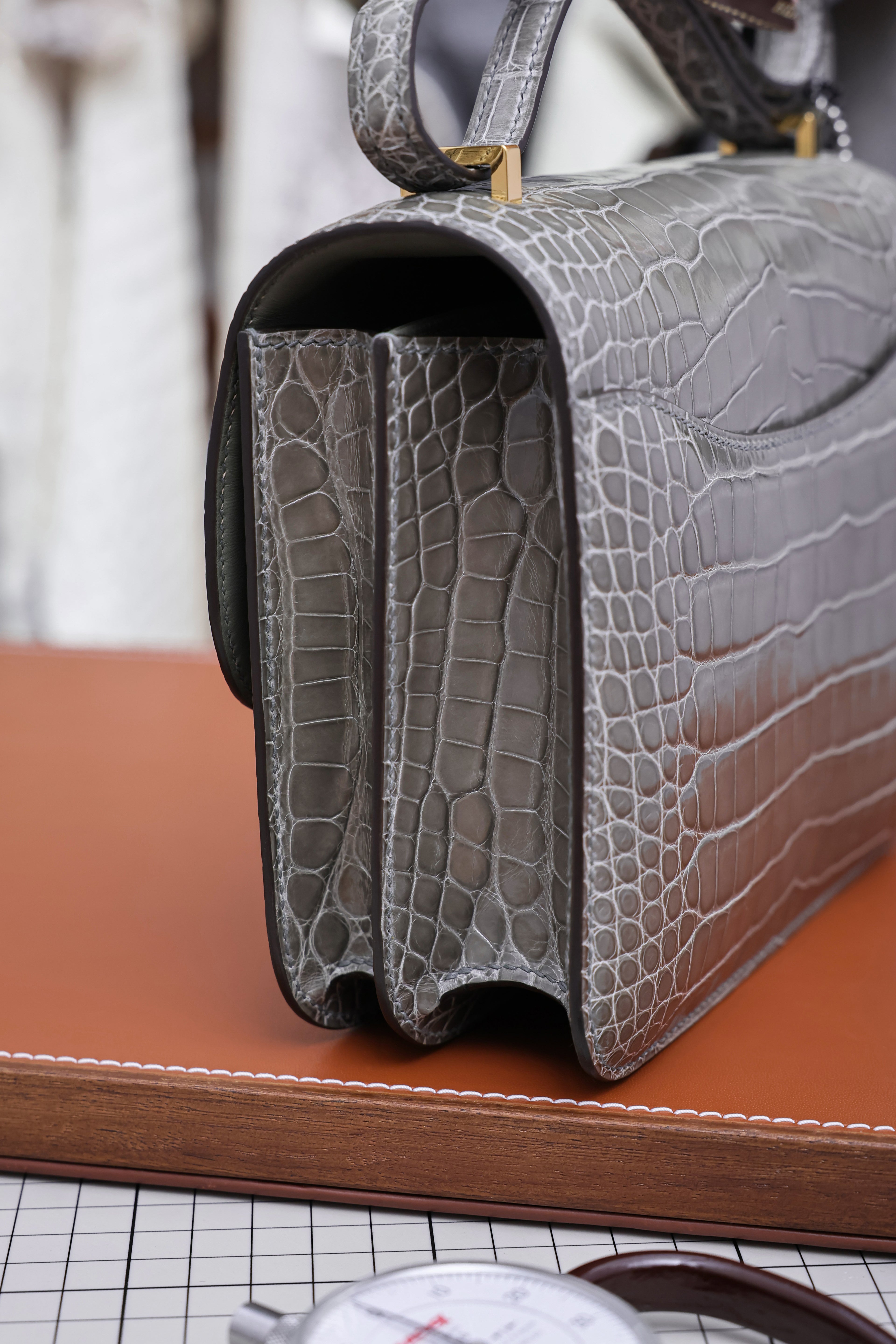 Constance- All Handmade Golden / Sliver Hardware   Cement ash Crocodile leather