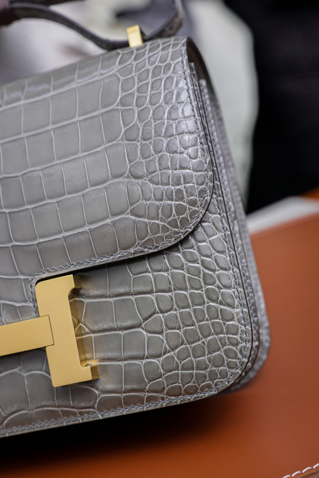 Constance- All Handmade Golden / Sliver Hardware   Cement ash Crocodile leather
