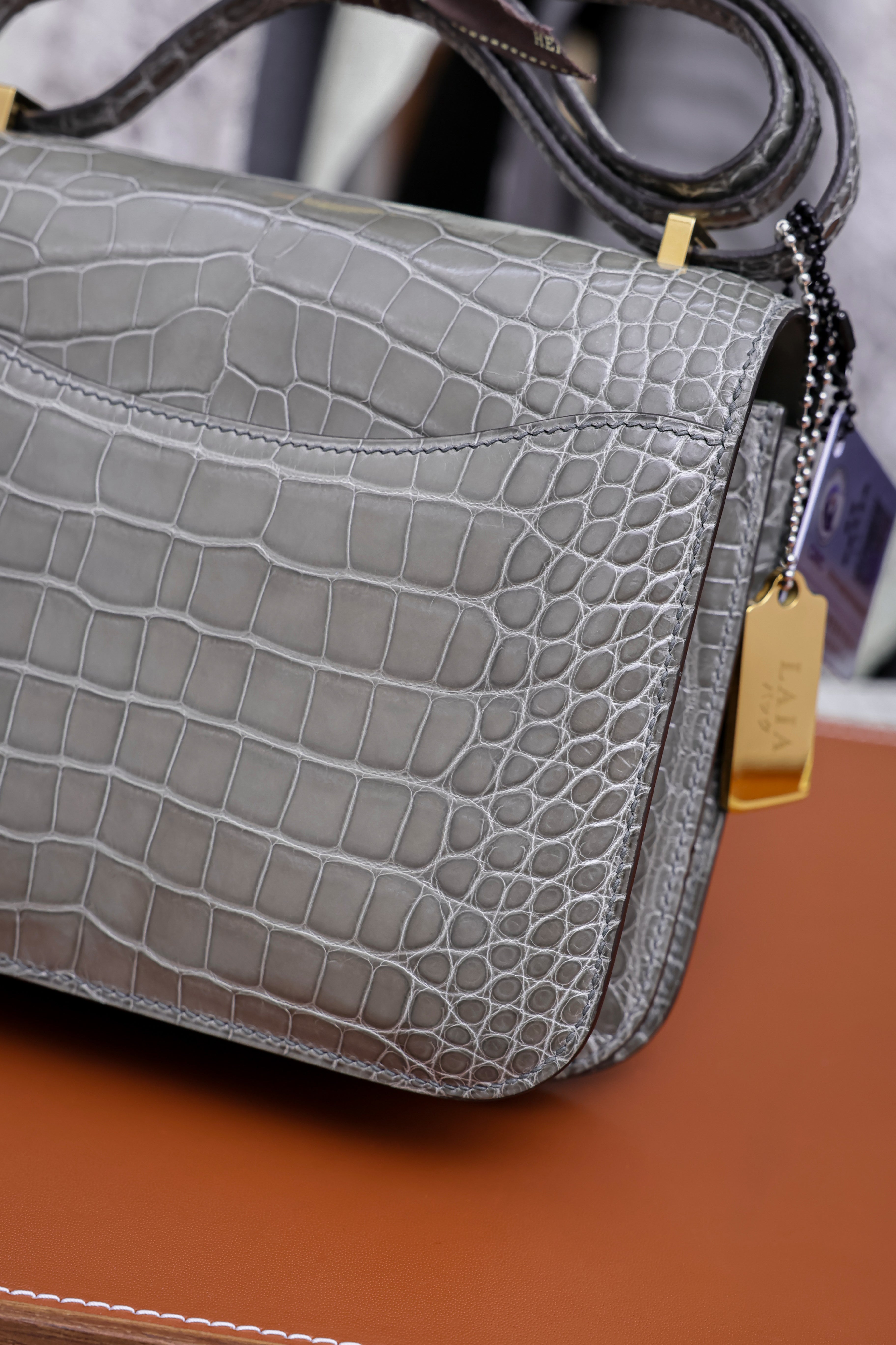 Constance- All Handmade Golden / Sliver Hardware   Cement ash Crocodile leather