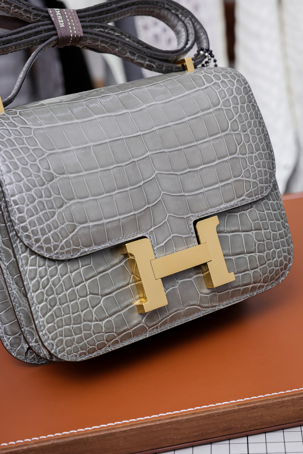 Constance- All Handmade Golden / Sliver Hardware   Cement ash Crocodile leather