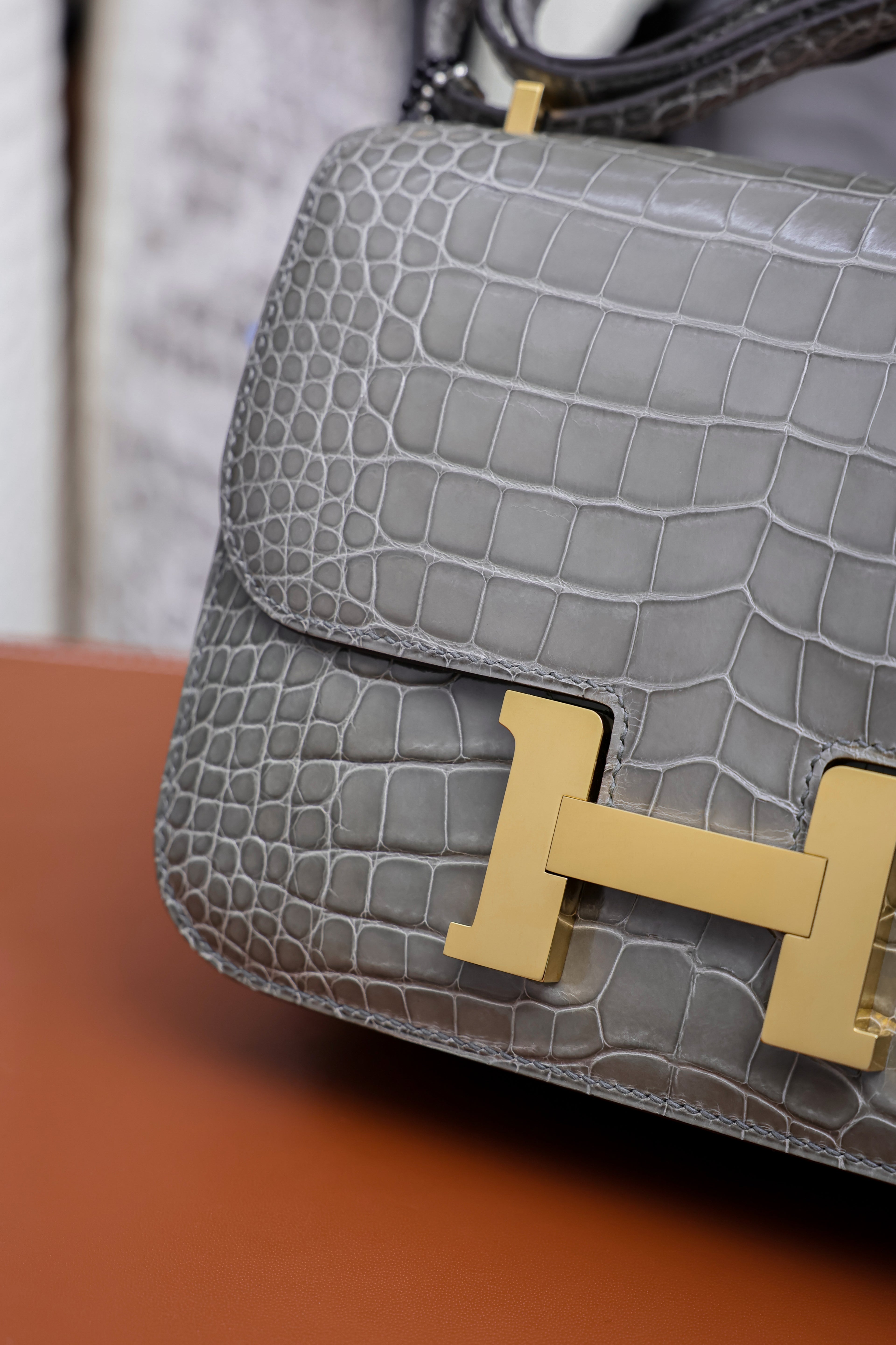 Constance- All Handmade Golden / Sliver Hardware   Cement ash Crocodile leather