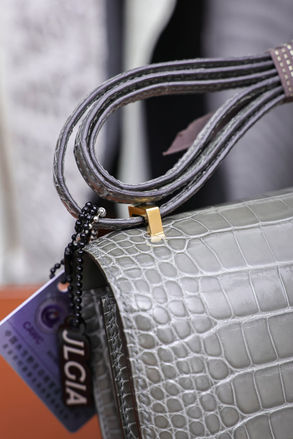 Constance- All Handmade Golden / Sliver Hardware   Cement ash Crocodile leather