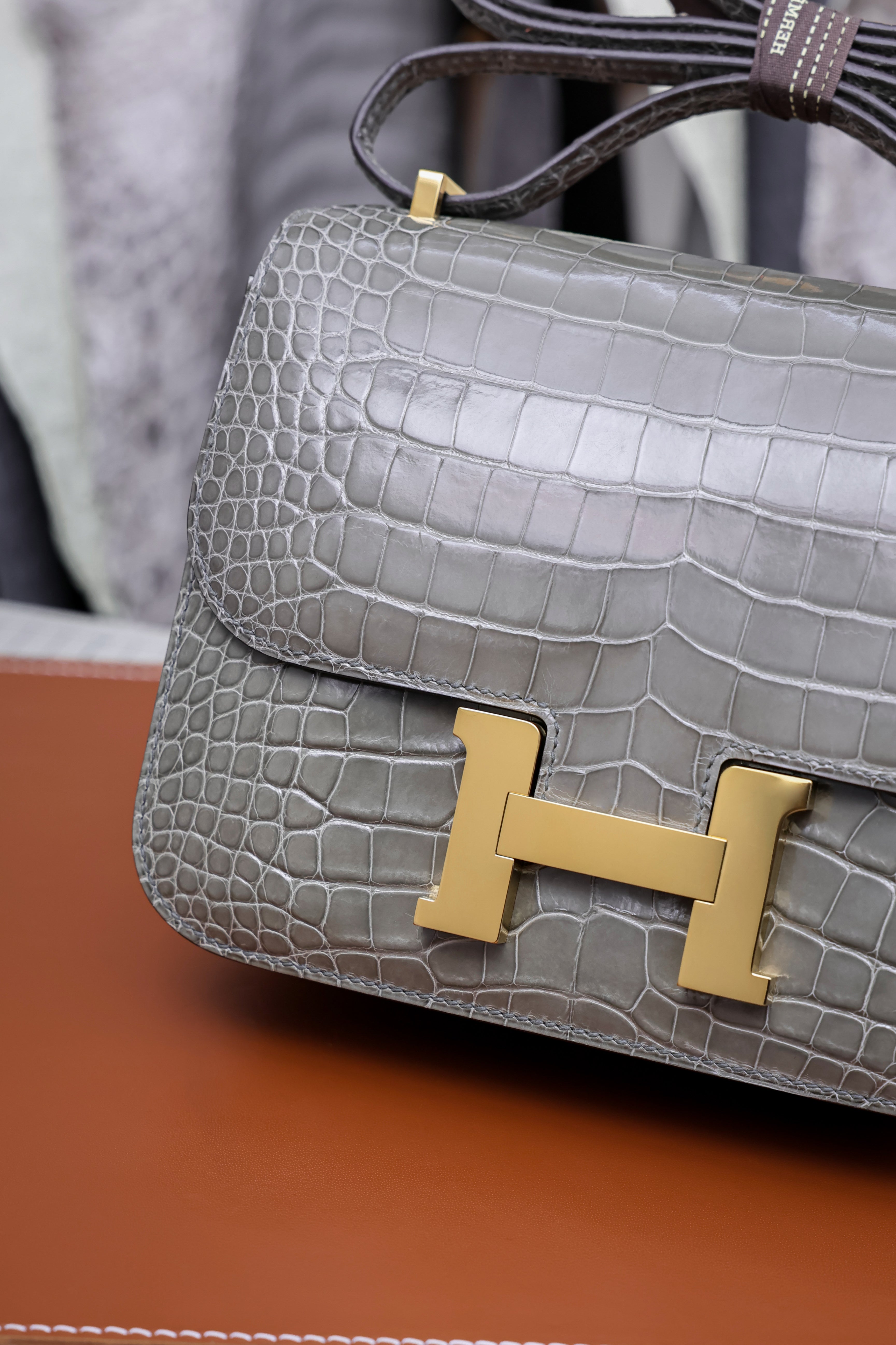 Constance- All Handmade Golden / Sliver Hardware   Cement ash Crocodile leather