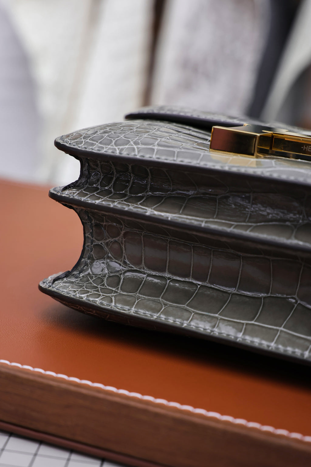 Constance- All Handmade Golden / Sliver Hardware   Cement ash Crocodile leather