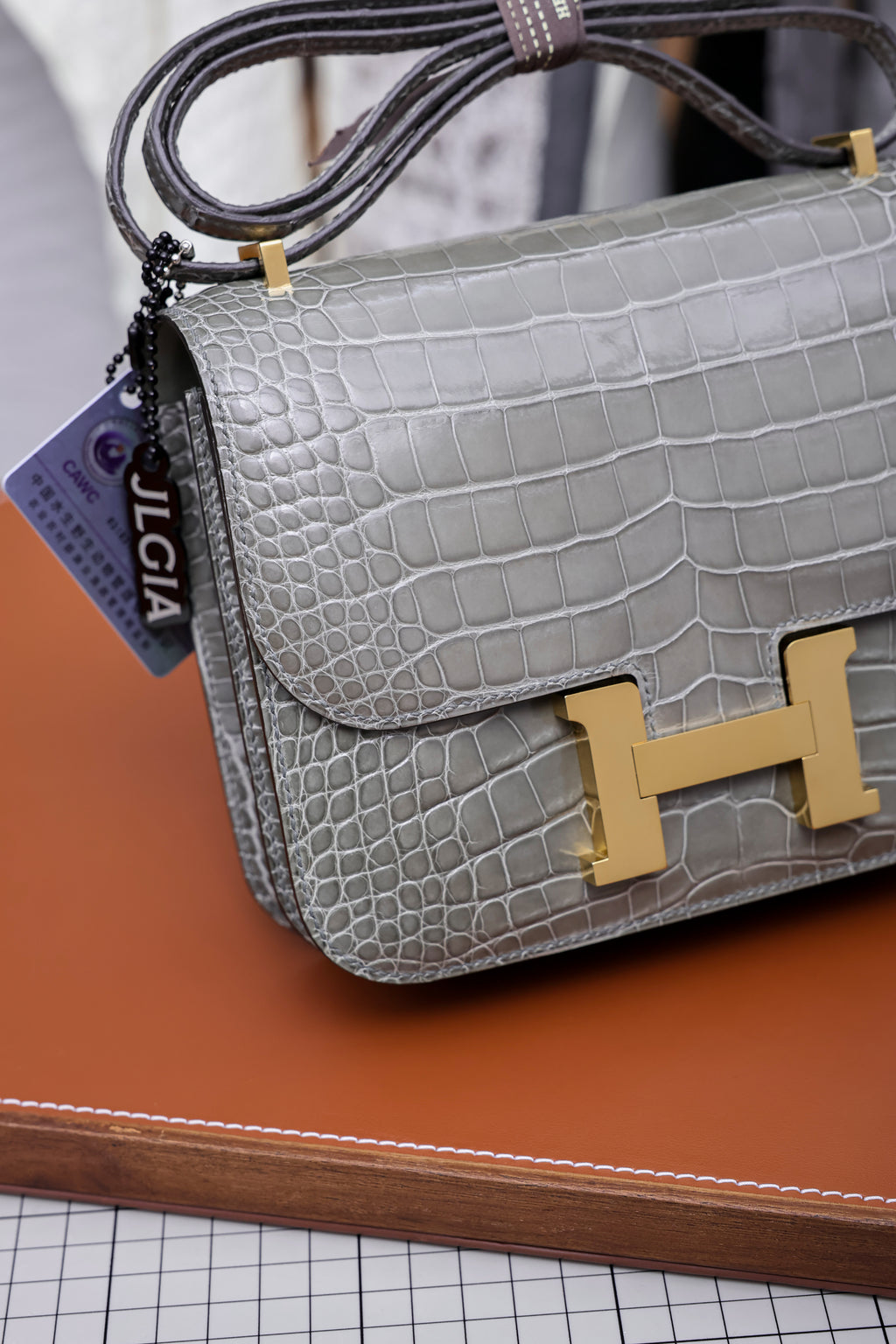 Constance- All Handmade Golden / Sliver Hardware   Cement ash Crocodile leather