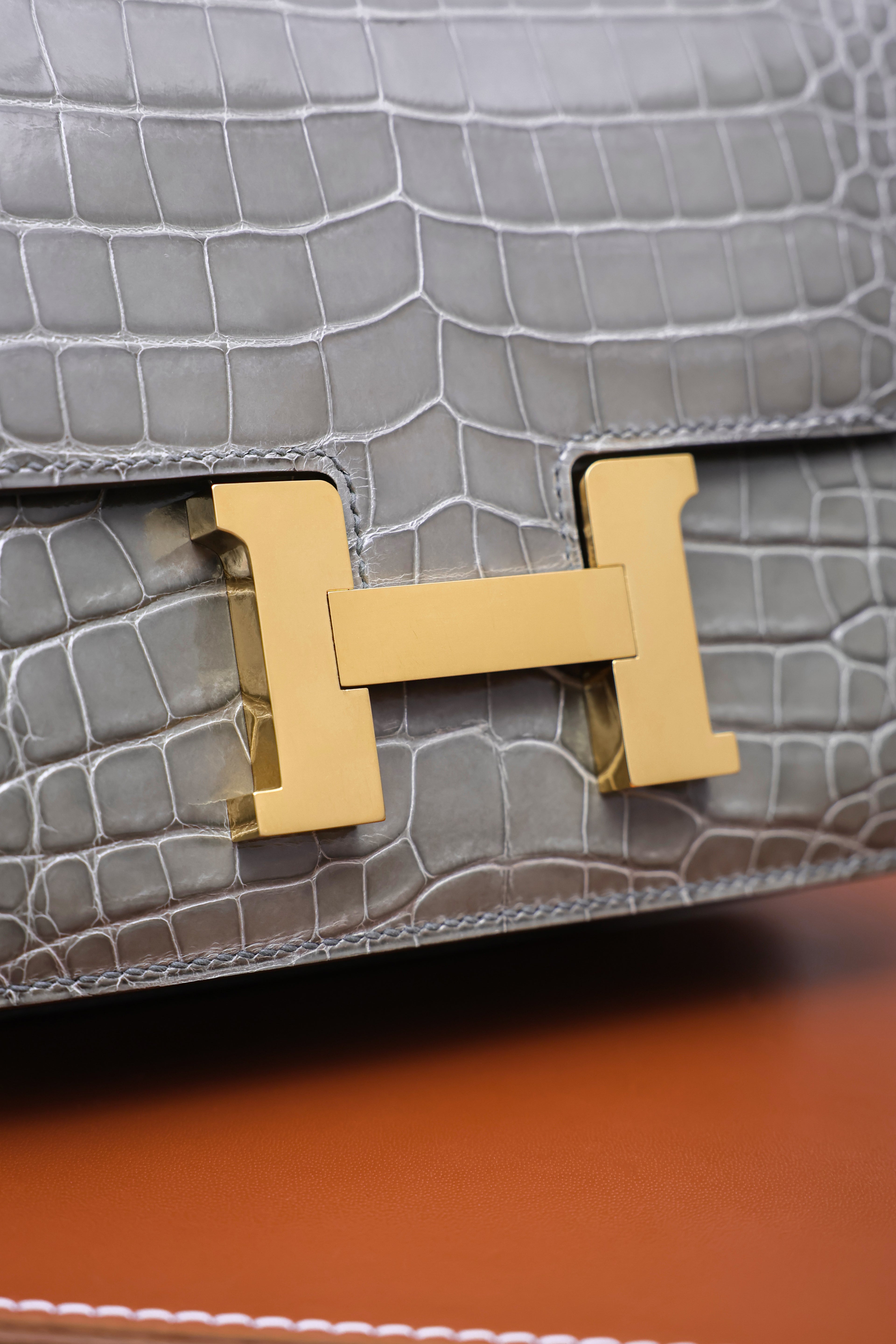 Constance- All Handmade Golden / Sliver Hardware   Cement ash Crocodile leather