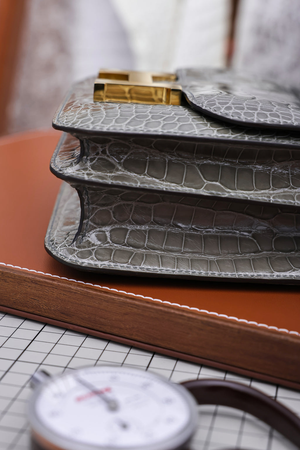 Constance- All Handmade Golden / Sliver Hardware   Cement ash Crocodile leather