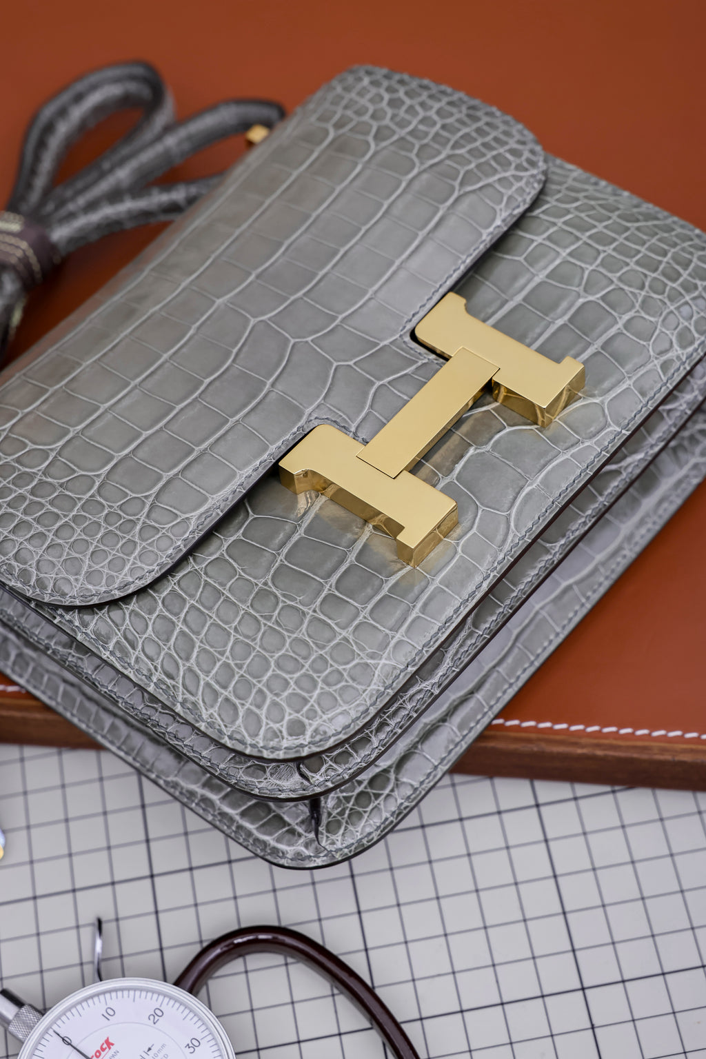 Constance- All Handmade Golden / Sliver Hardware   Cement ash Crocodile leather