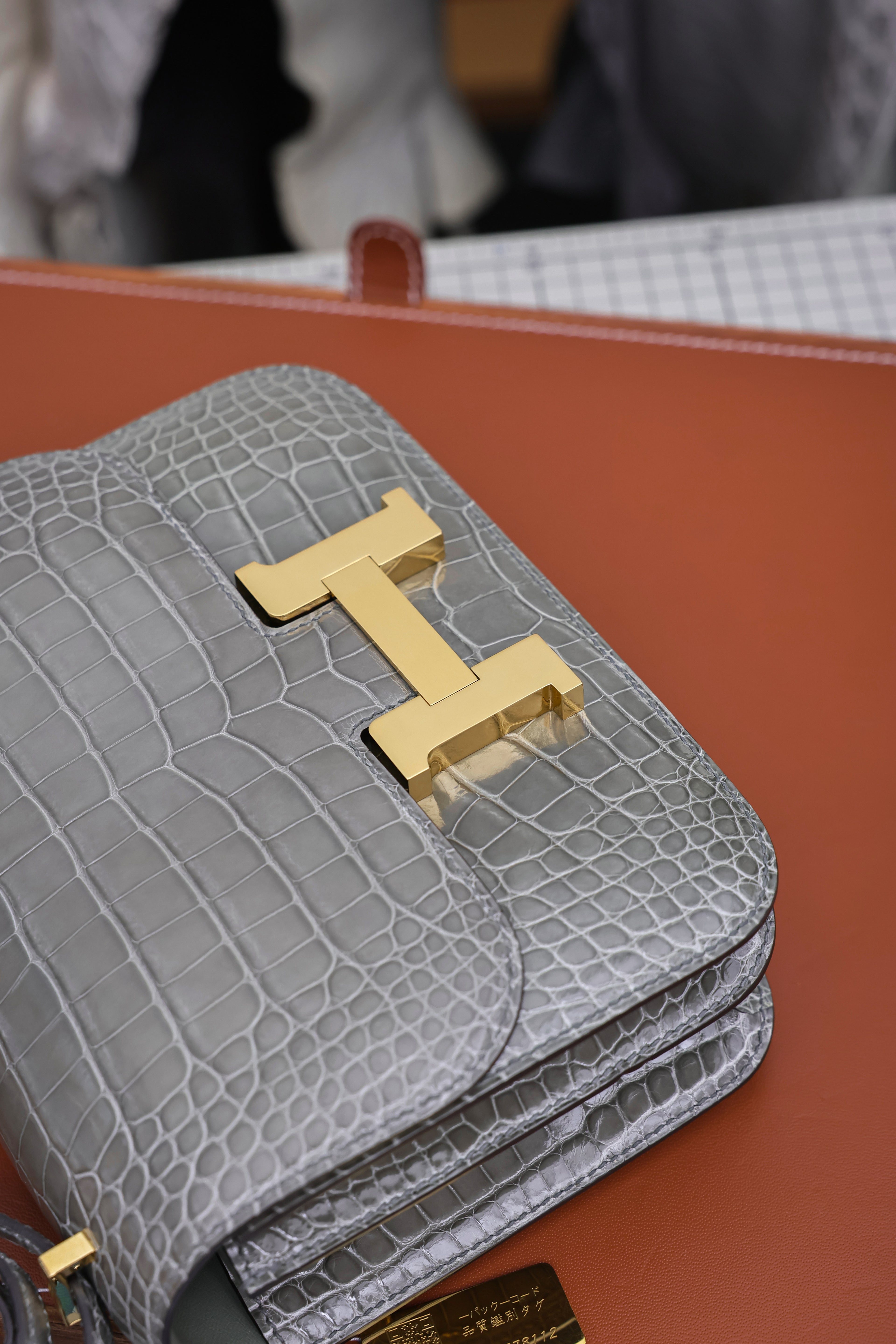 Constance- All Handmade Golden / Sliver Hardware   Cement ash Crocodile leather