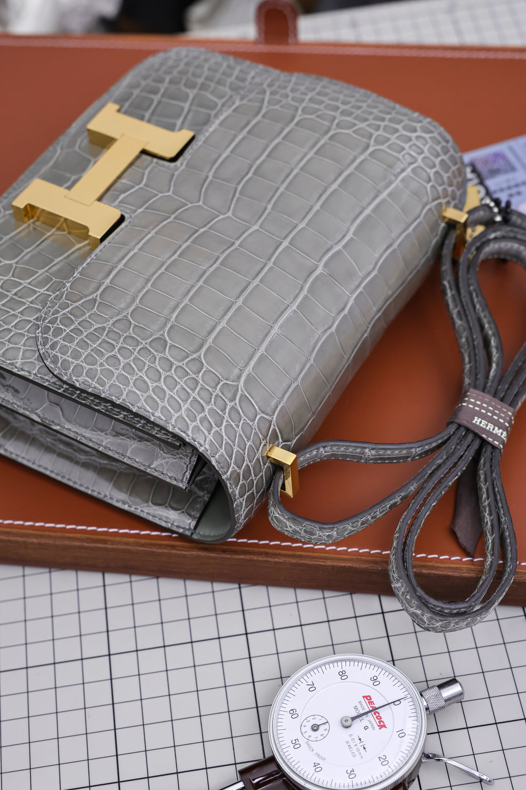 Constance- All Handmade Golden / Sliver Hardware   Cement ash Crocodile leather