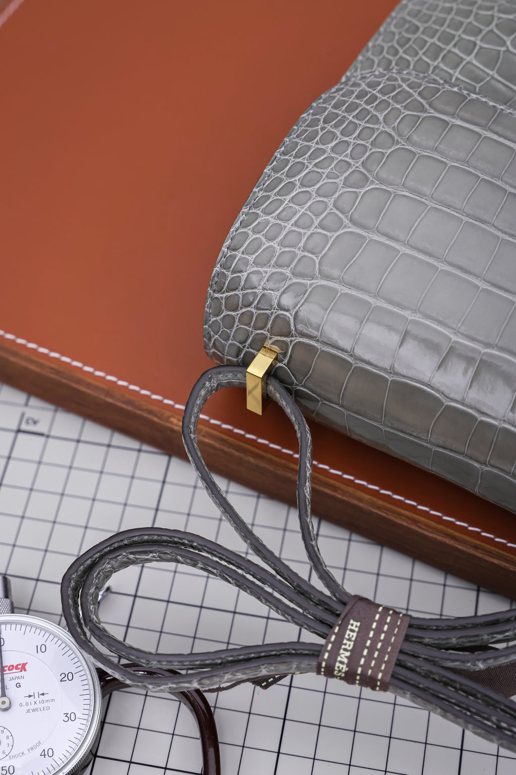 Constance- All Handmade Golden / Sliver Hardware   Cement ash Crocodile leather