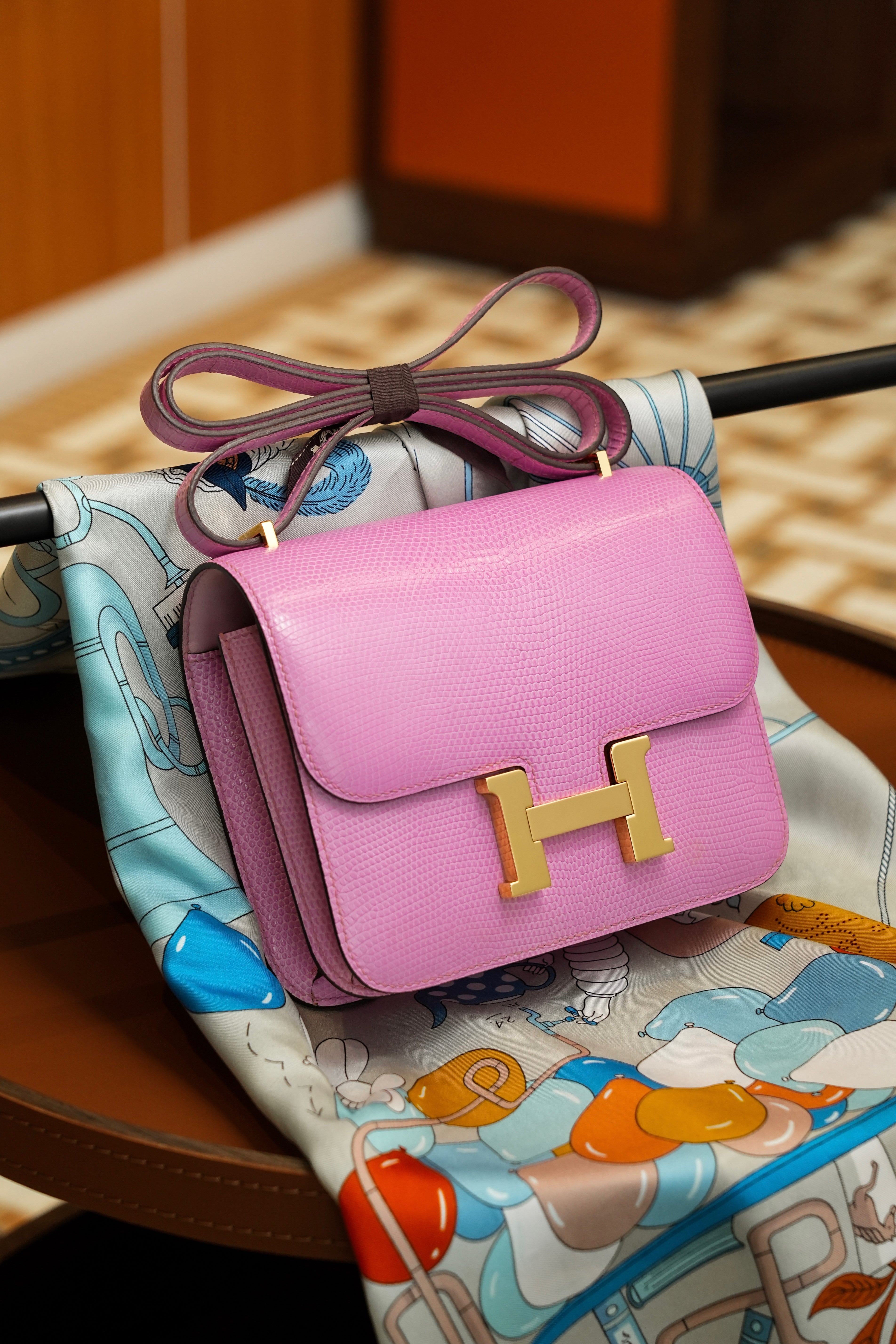 Constance- All Handmade Golden / Sliver Pink lizard leather