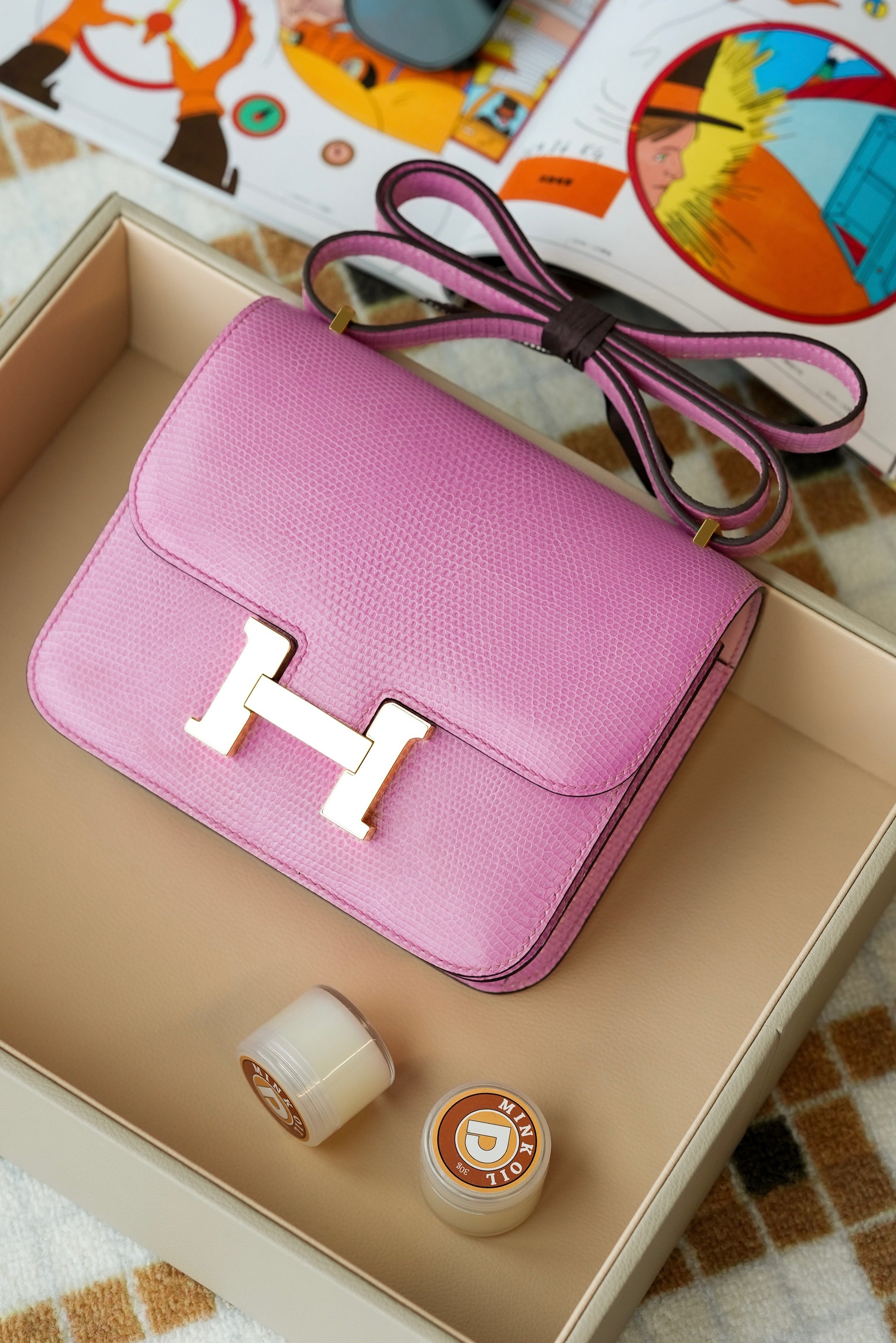 Constance- All Handmade Golden / Sliver Pink lizard leather