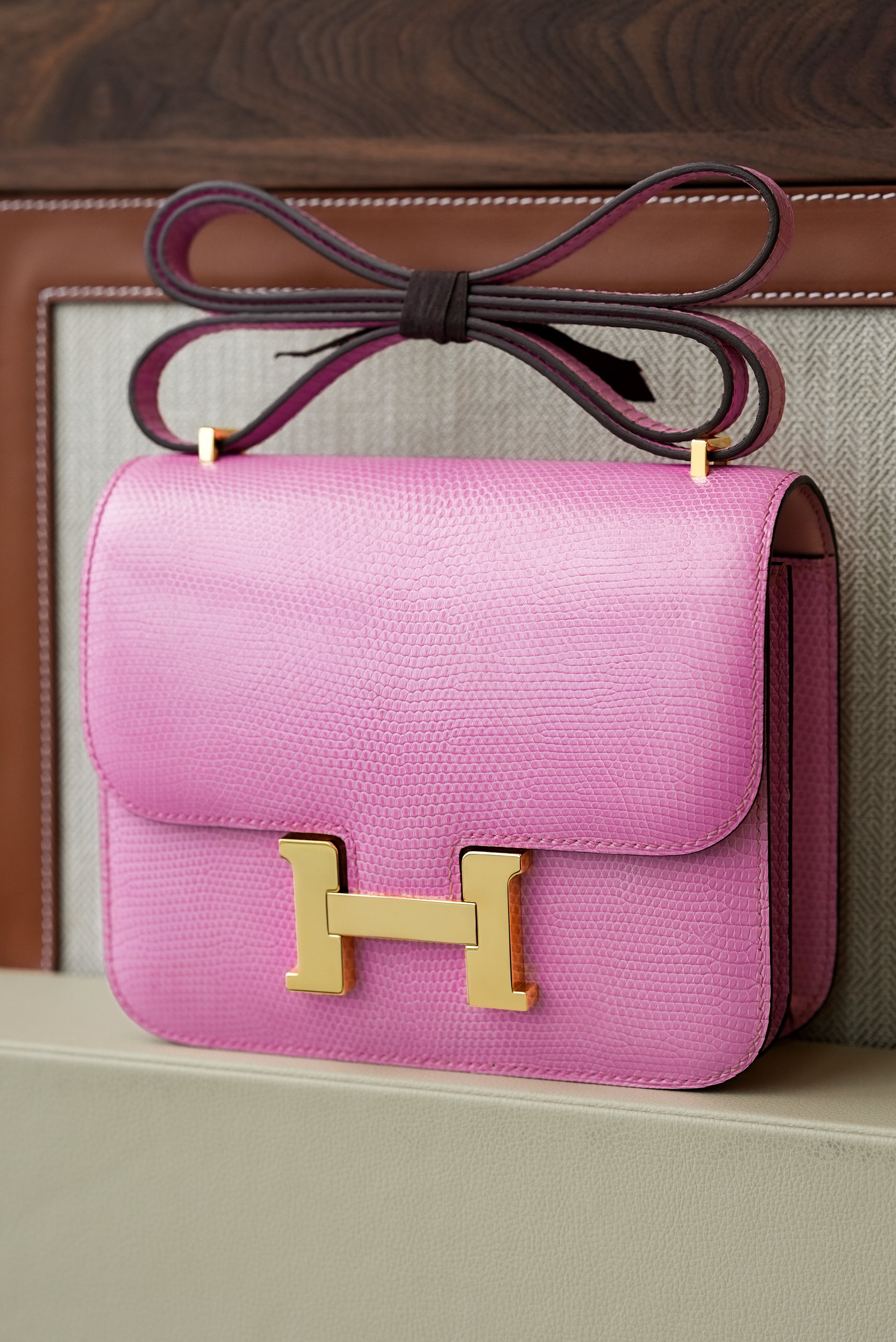 Constance- All Handmade Golden / Sliver Pink lizard leather