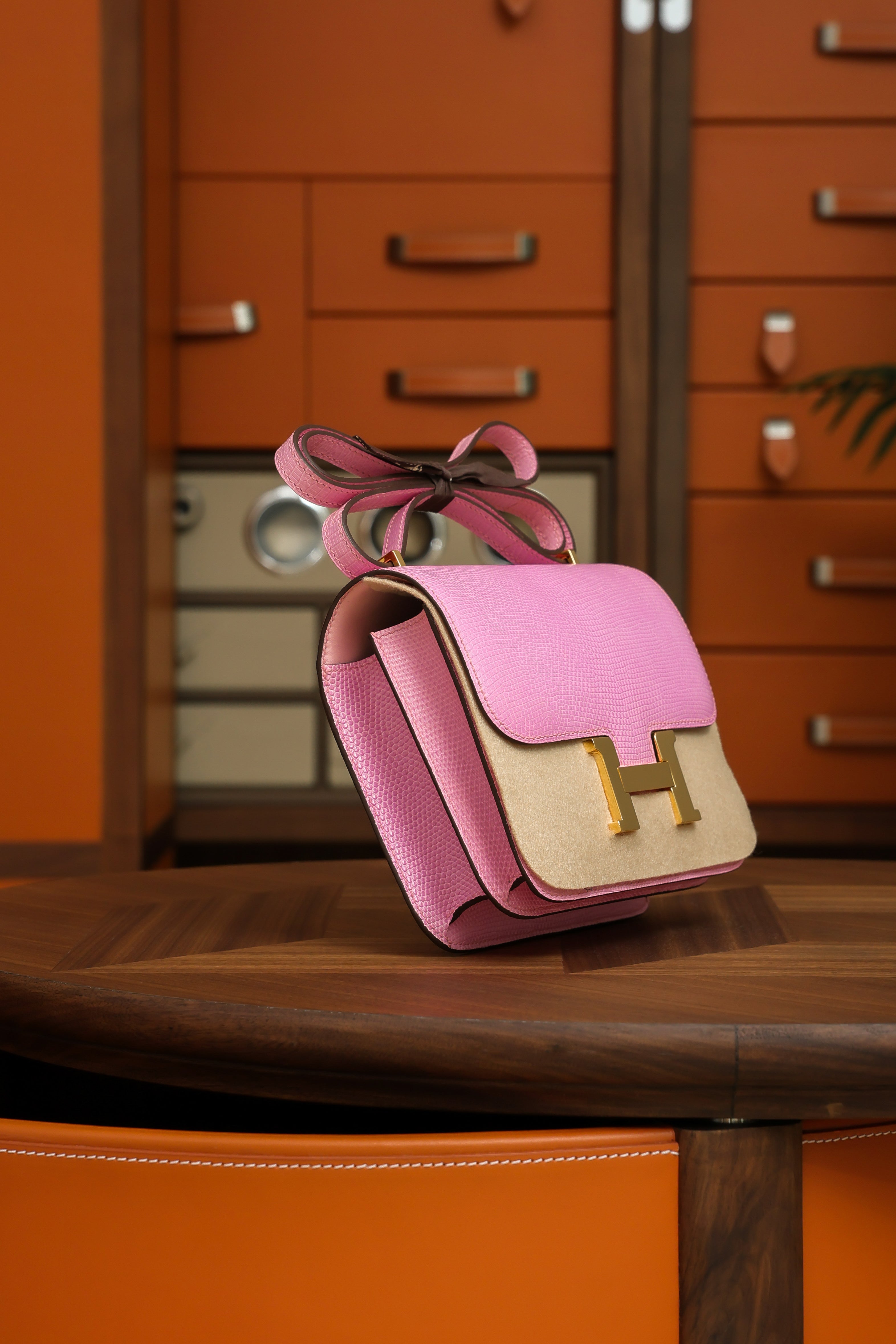 Constance- All Handmade Golden / Sliver Pink lizard leather