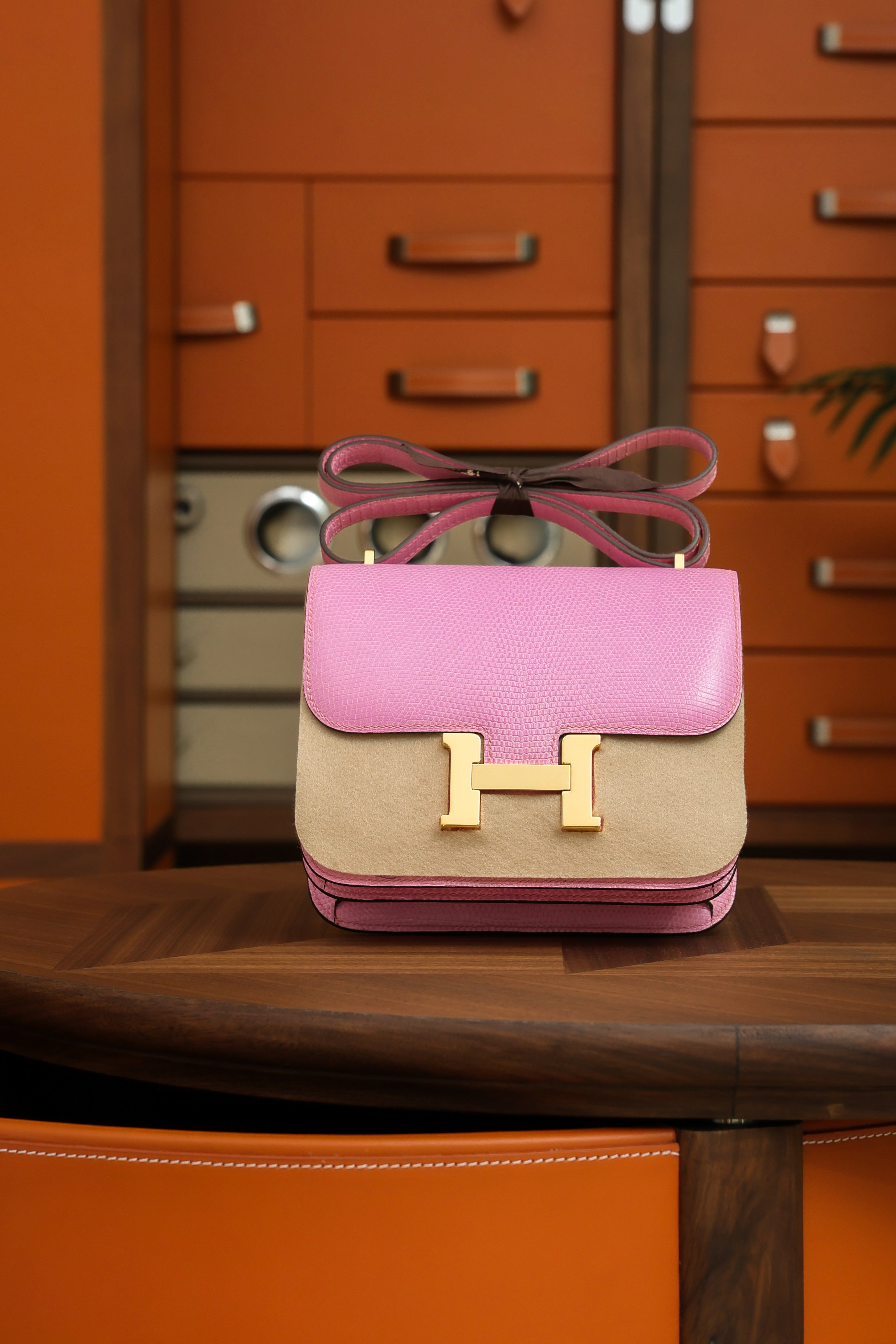 Constance- All Handmade Golden / Sliver Pink lizard leather