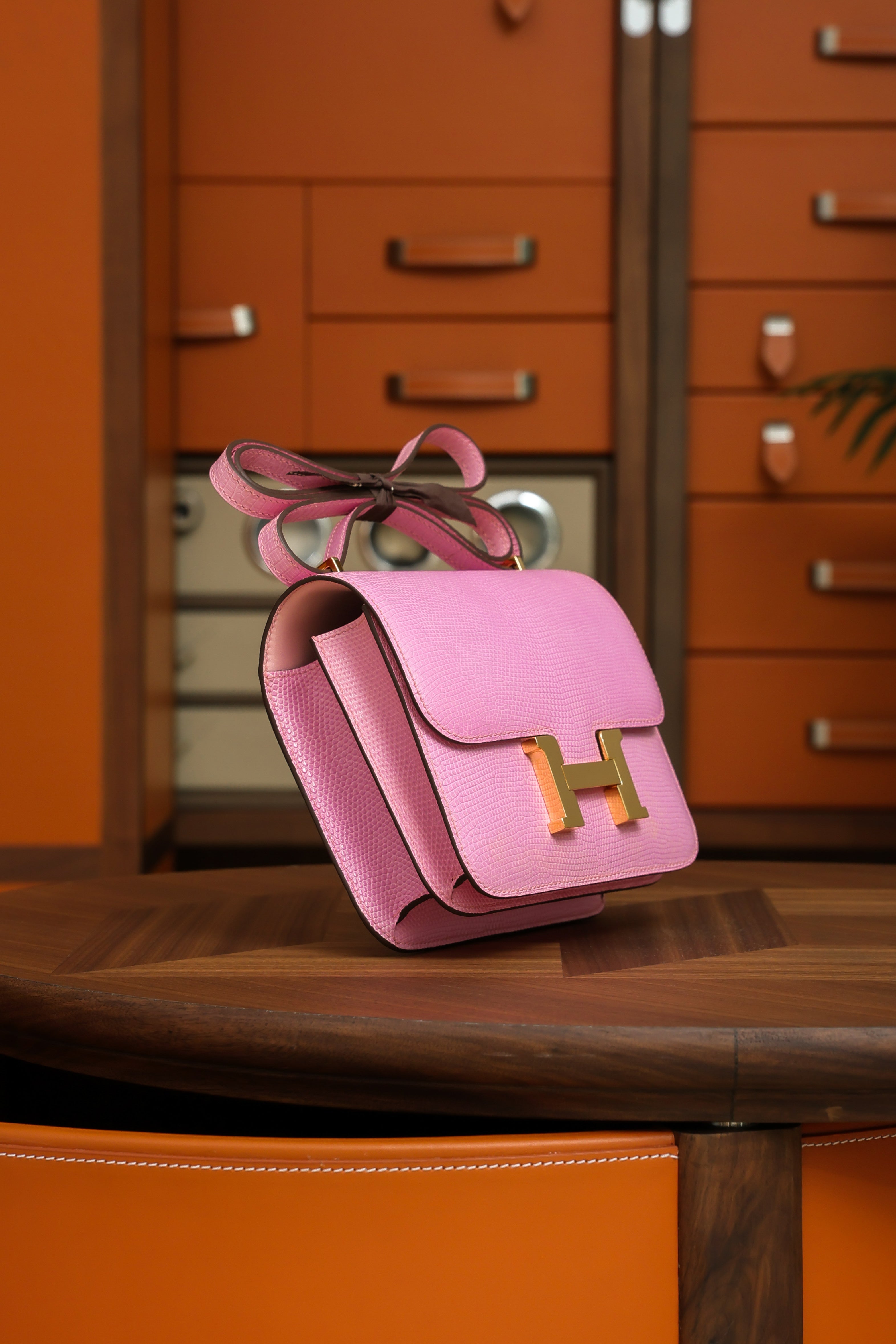 Constance- All Handmade Golden / Sliver Pink lizard leather