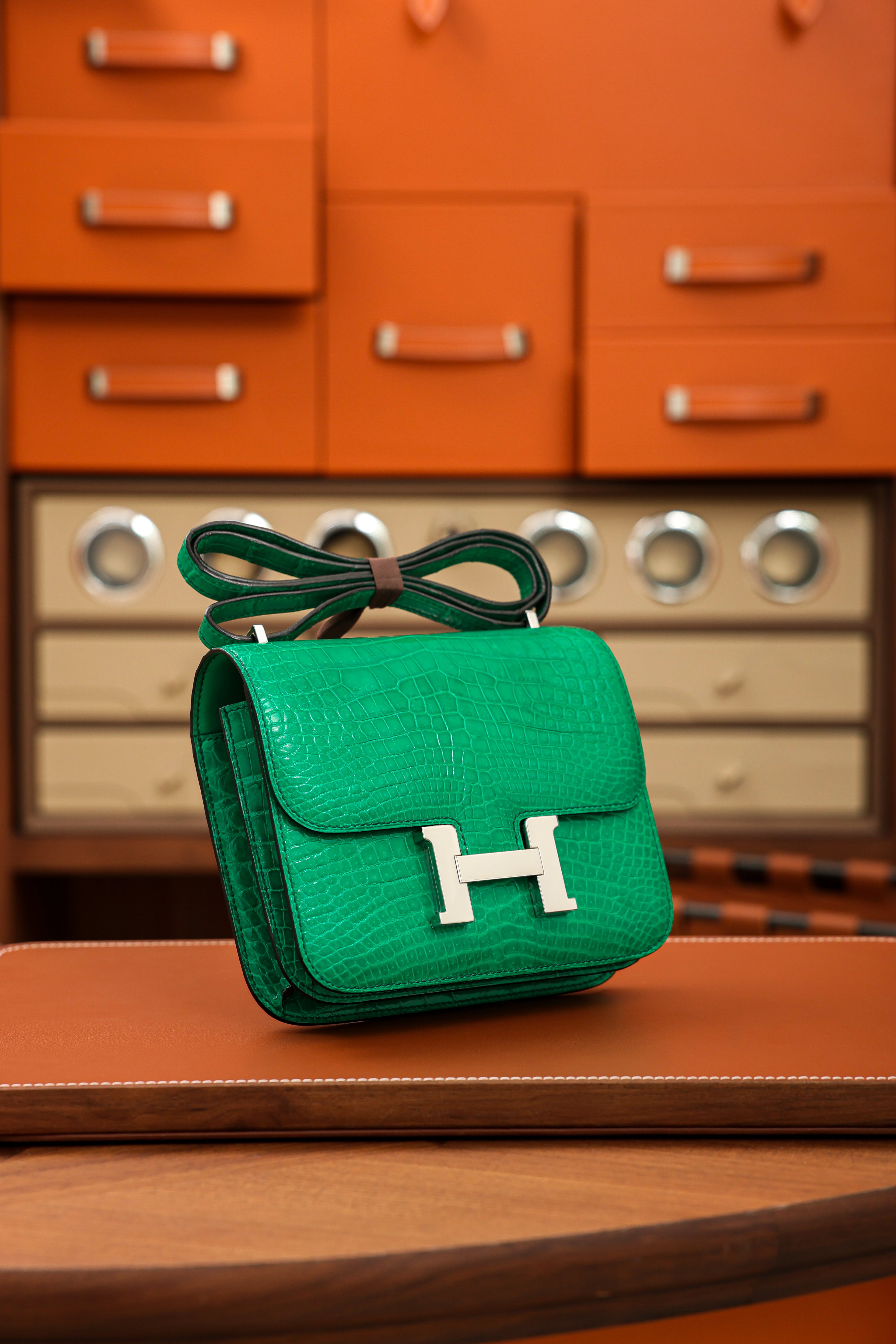 Constance- All Handmade Golden / Sliver Imperial Green Crocodile leather