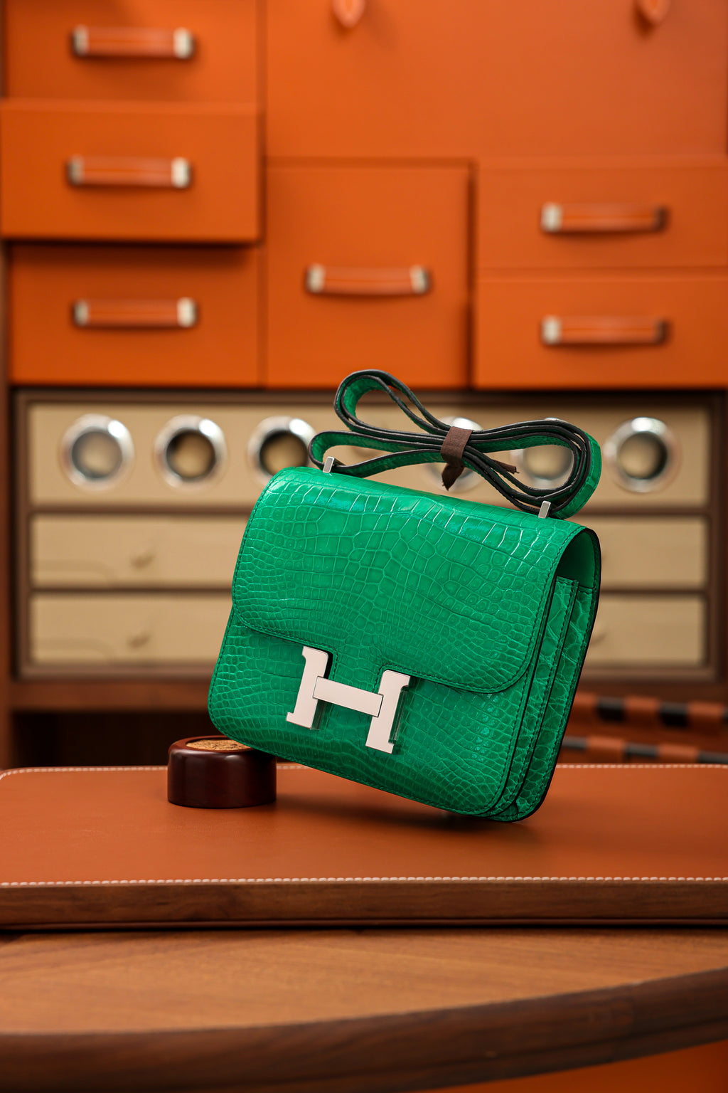 Constance- All Handmade Golden / Sliver Imperial Green Crocodile leather