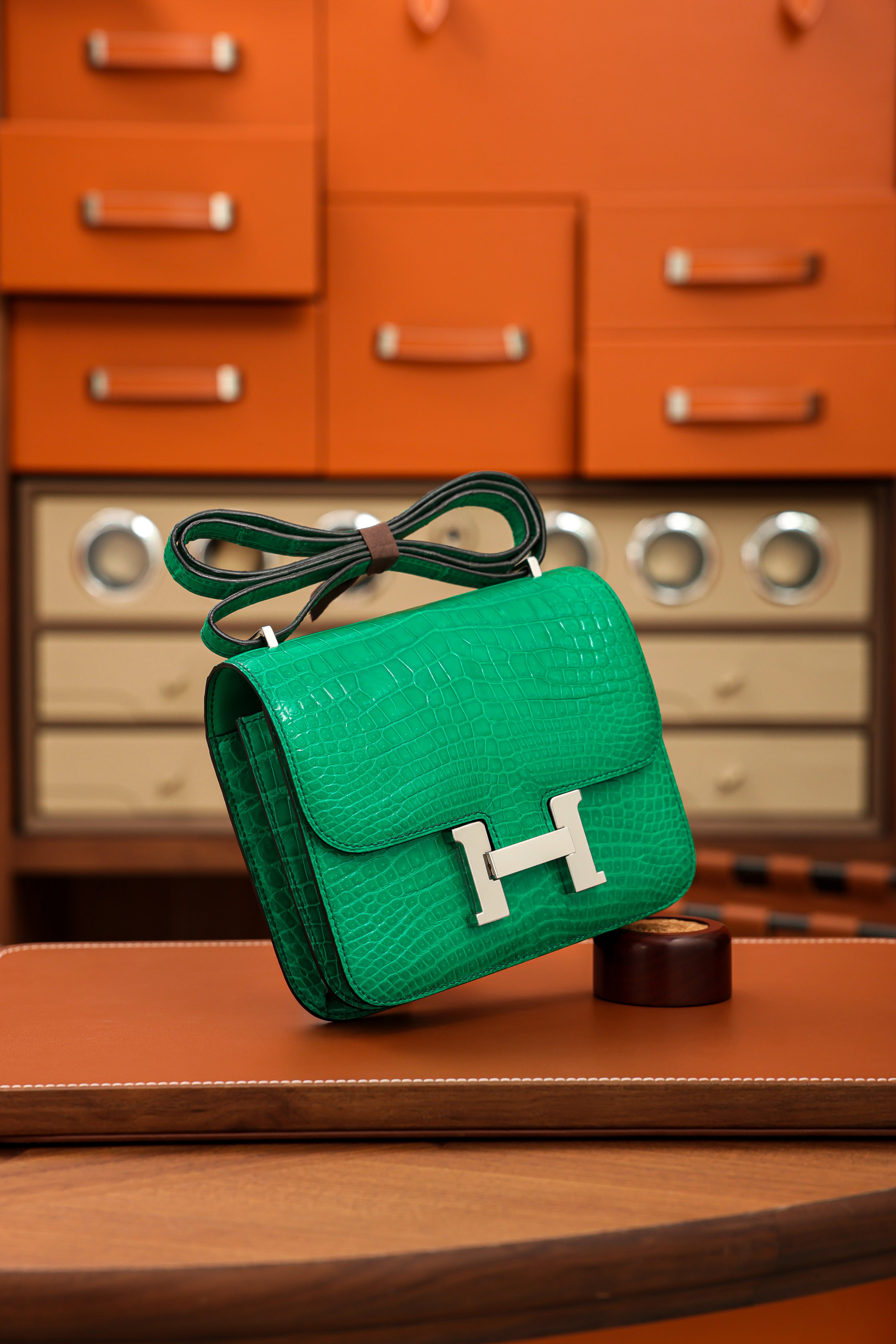 Constance- All Handmade Golden / Sliver Imperial Green Crocodile leather