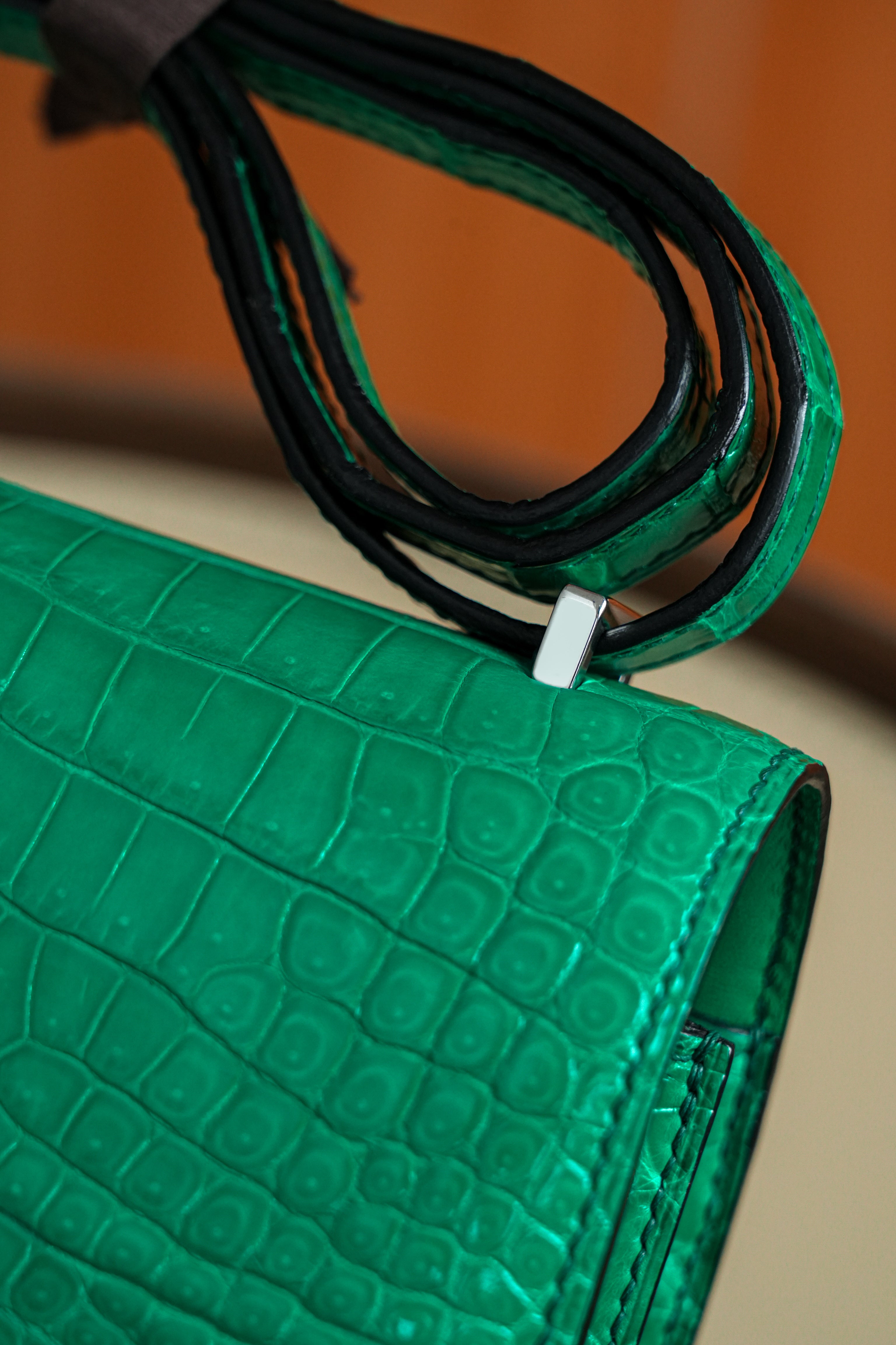 Constance- All Handmade Golden / Sliver Imperial Green Crocodile leather