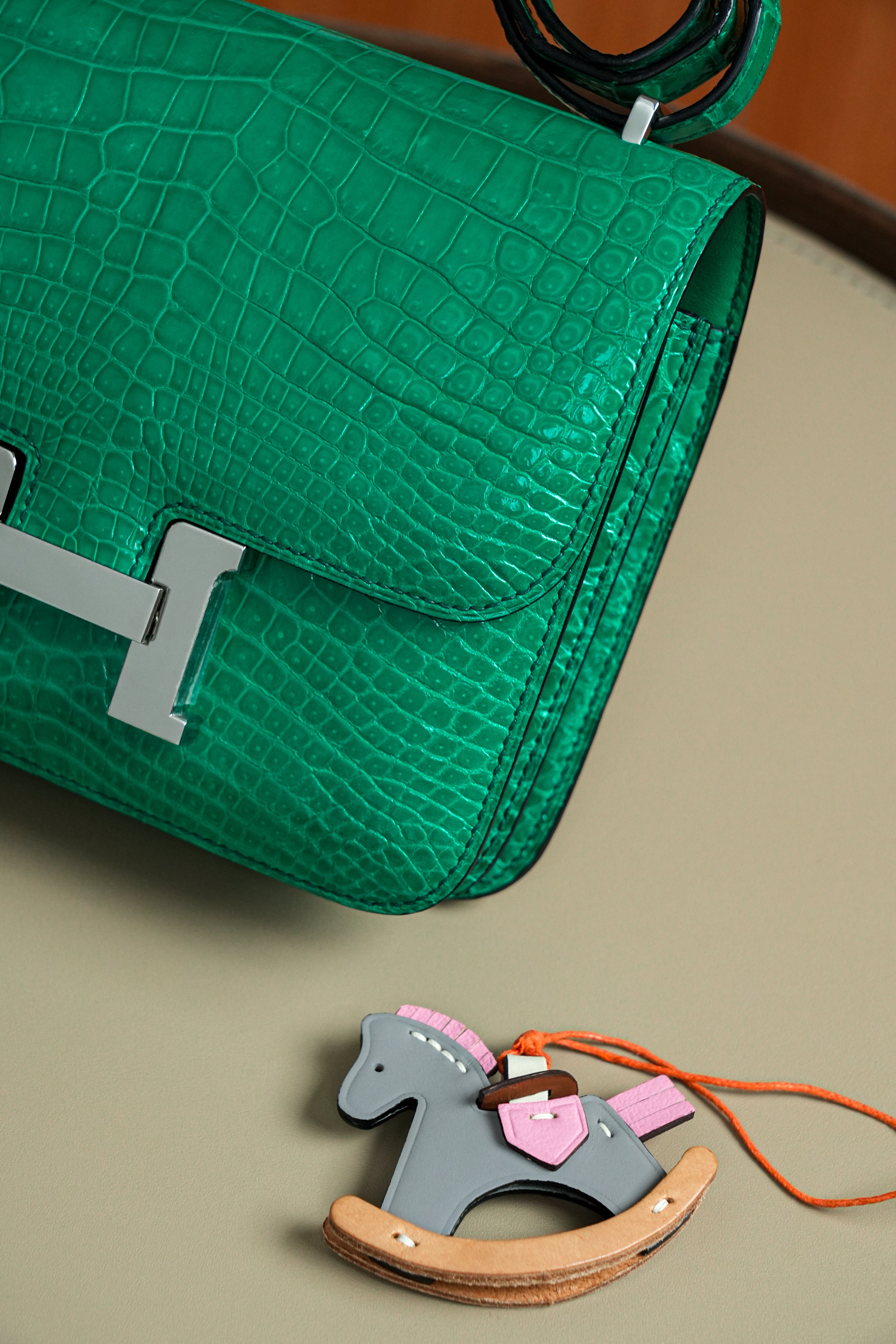 Constance- All Handmade Golden / Sliver Imperial Green Crocodile leather