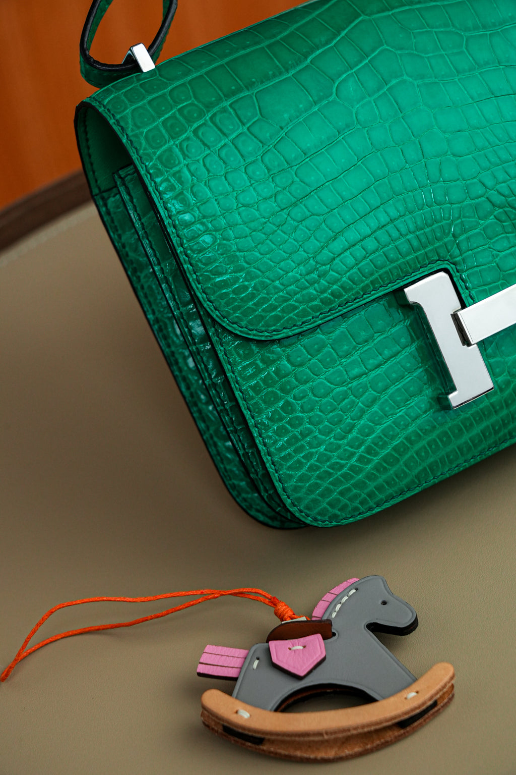 Constance- All Handmade Golden / Sliver Imperial Green Crocodile leather