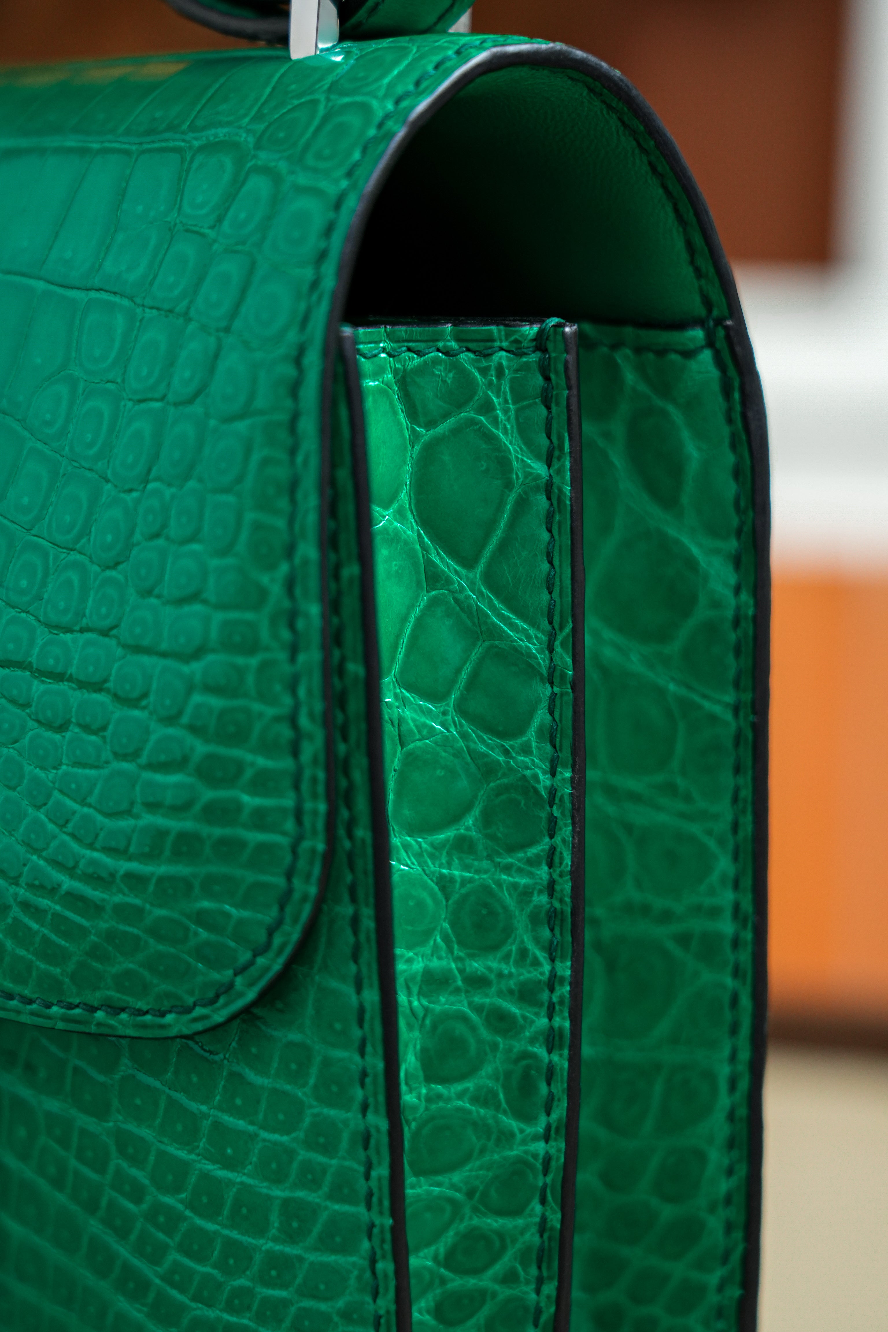 Constance- All Handmade Golden / Sliver Imperial Green Crocodile leather