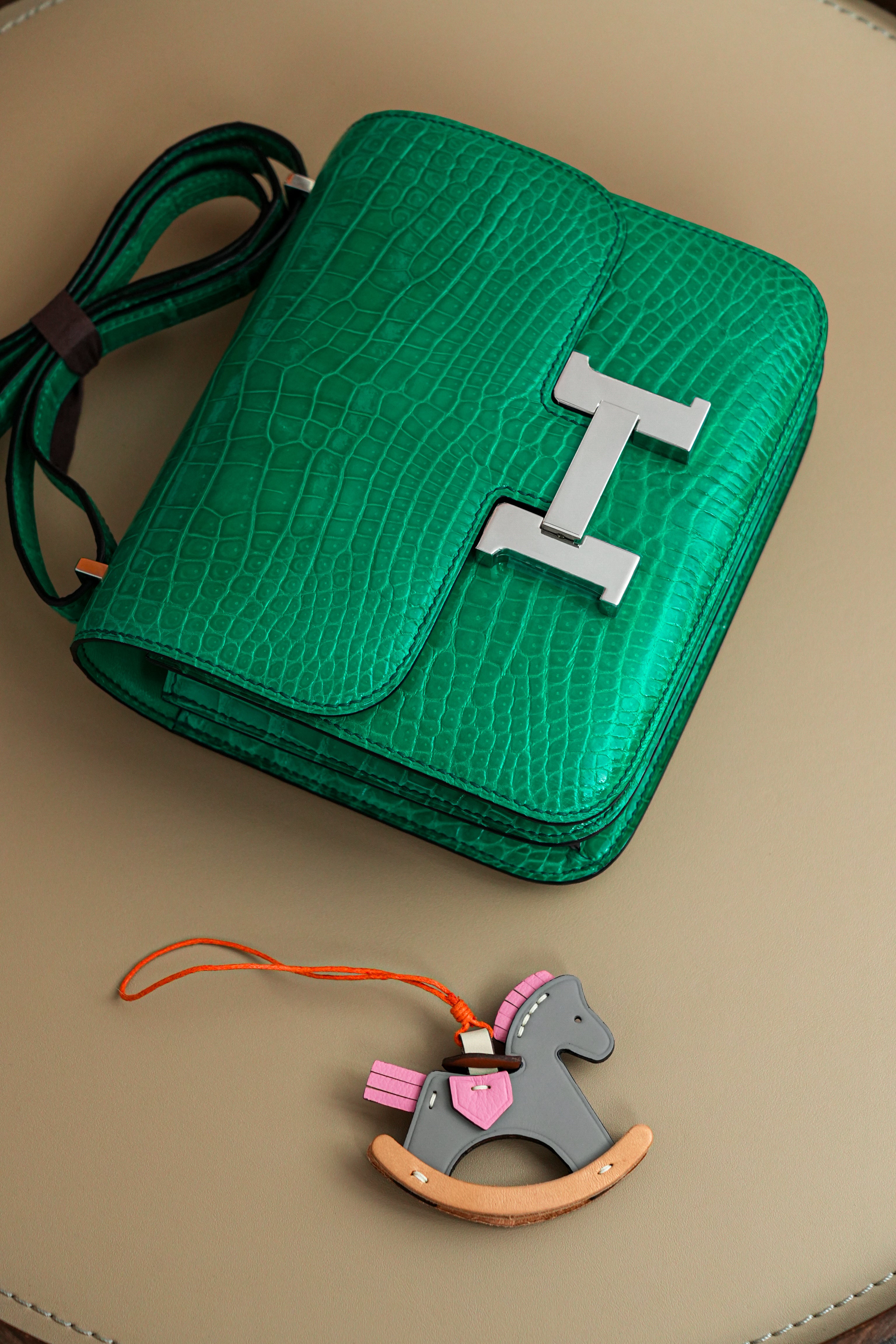 Constance- All Handmade Golden / Sliver Imperial Green Crocodile leather