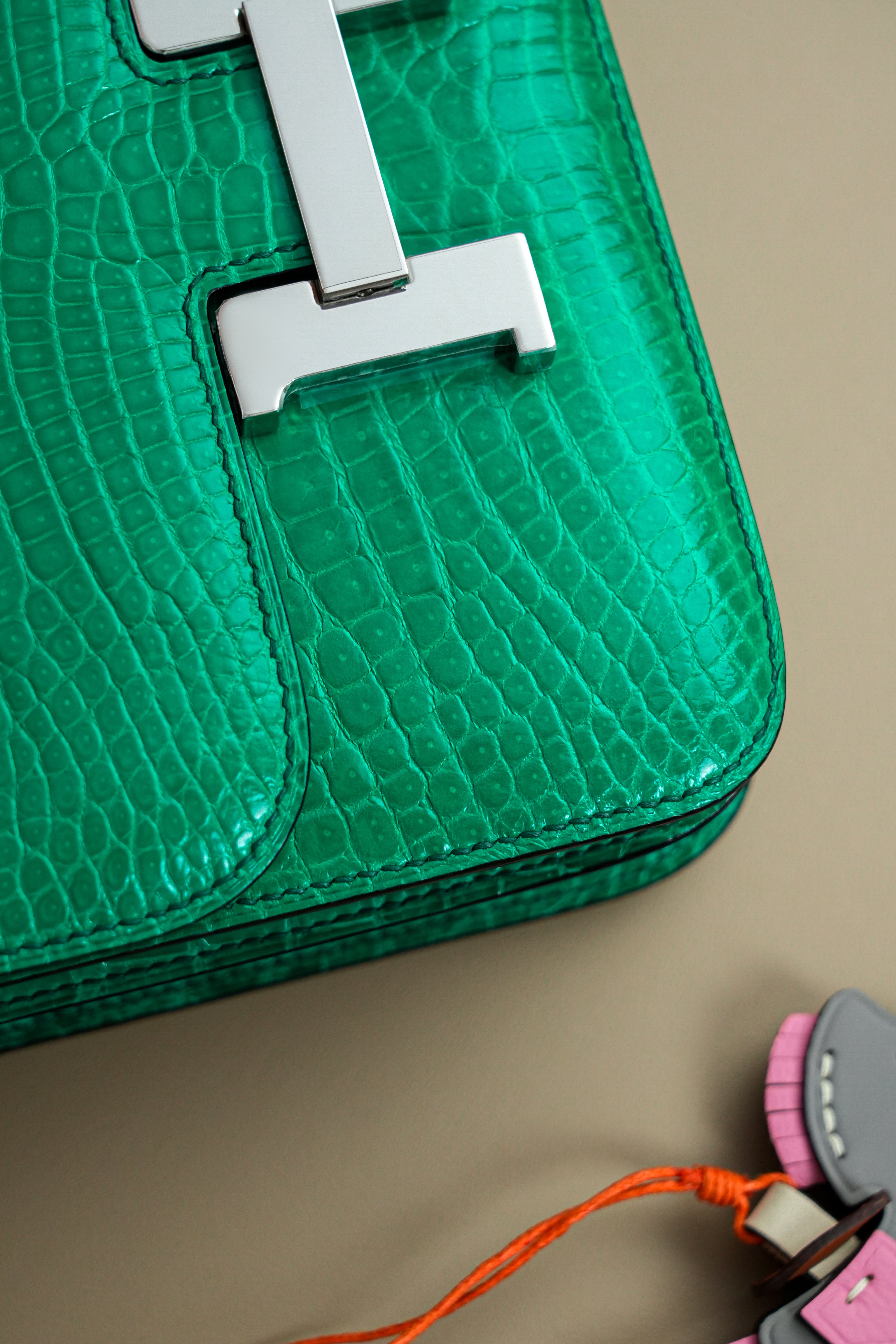 Constance- All Handmade Golden / Sliver Imperial Green Crocodile leather