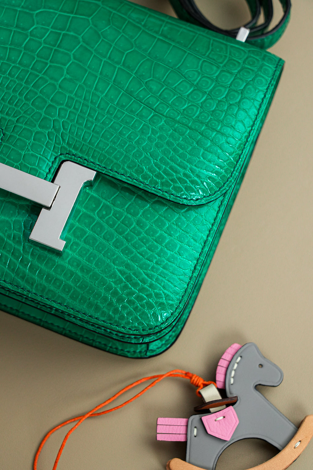 Constance- All Handmade Golden / Sliver Imperial Green Crocodile leather