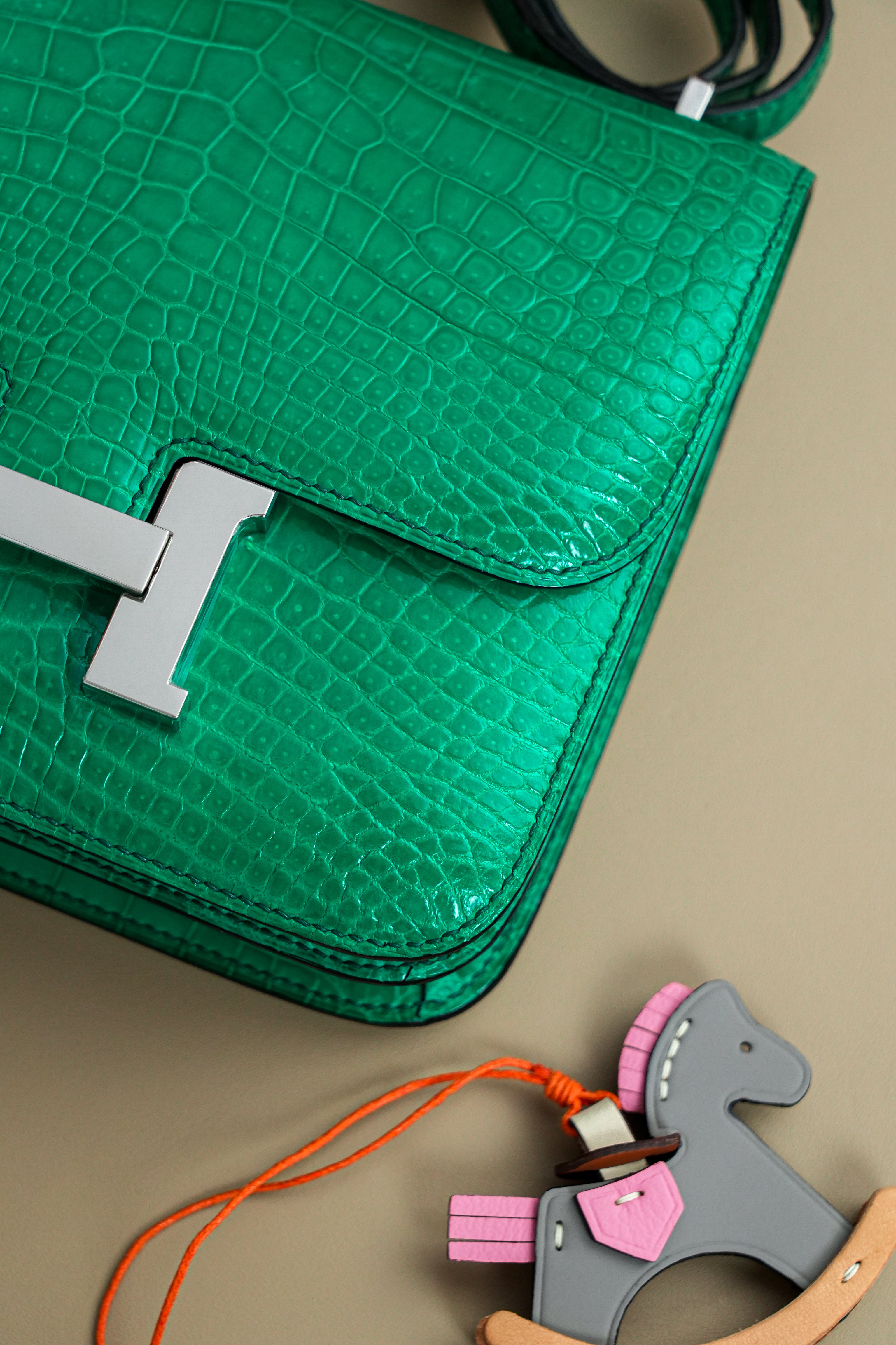 Constance- All Handmade Golden / Sliver Imperial Green Crocodile leather