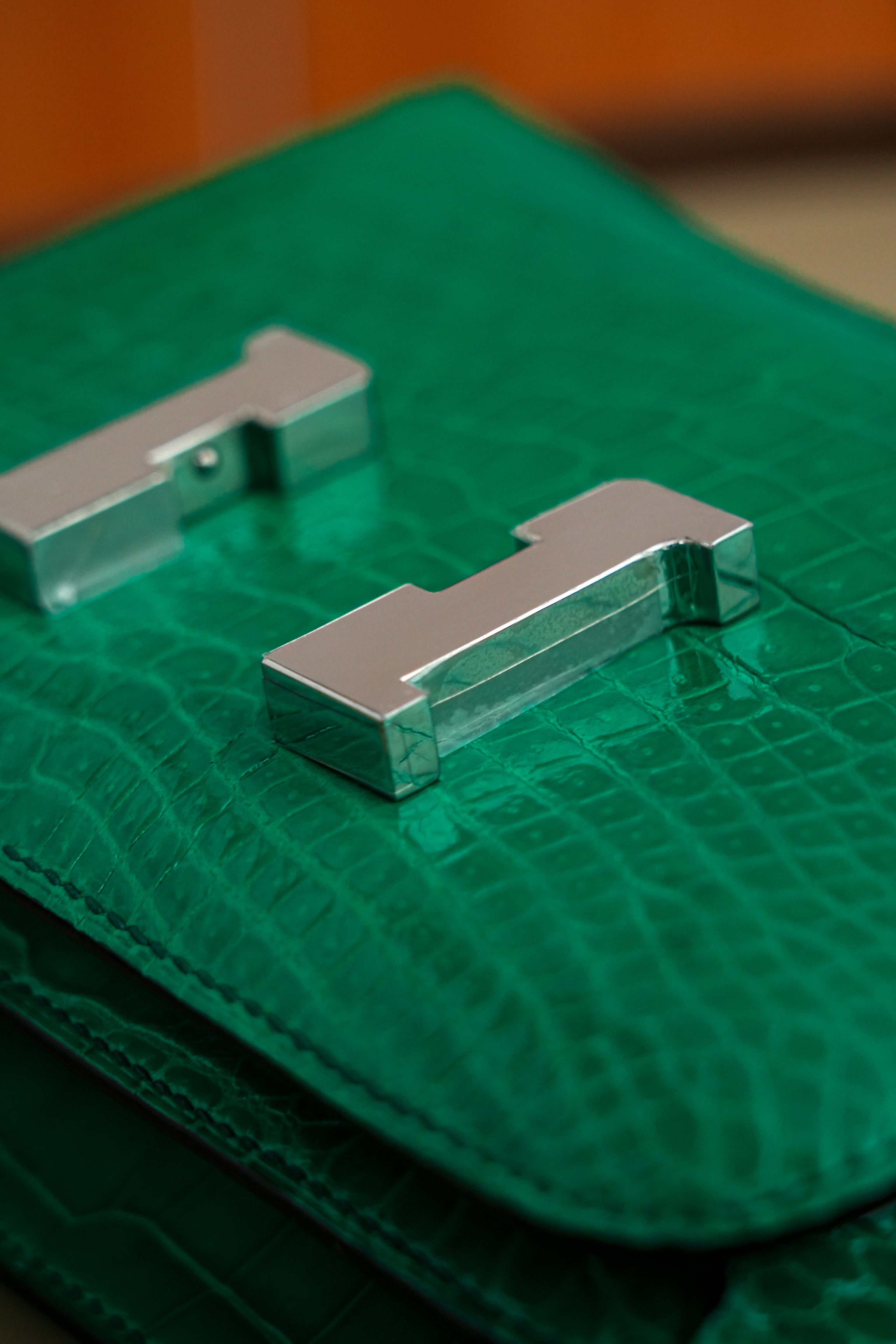 Constance- All Handmade Golden / Sliver Imperial Green Crocodile leather