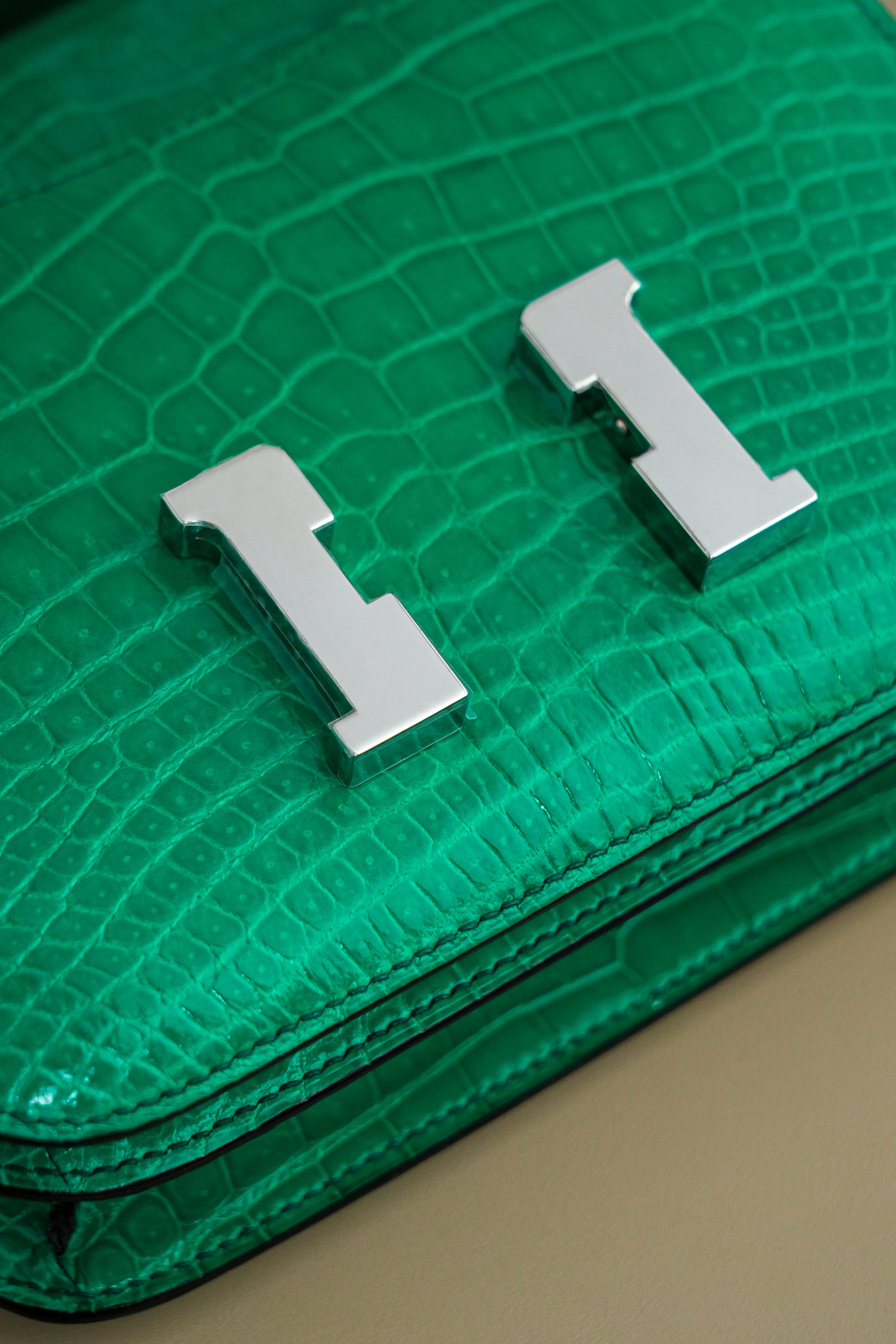 Constance- All Handmade Golden / Sliver Imperial Green Crocodile leather
