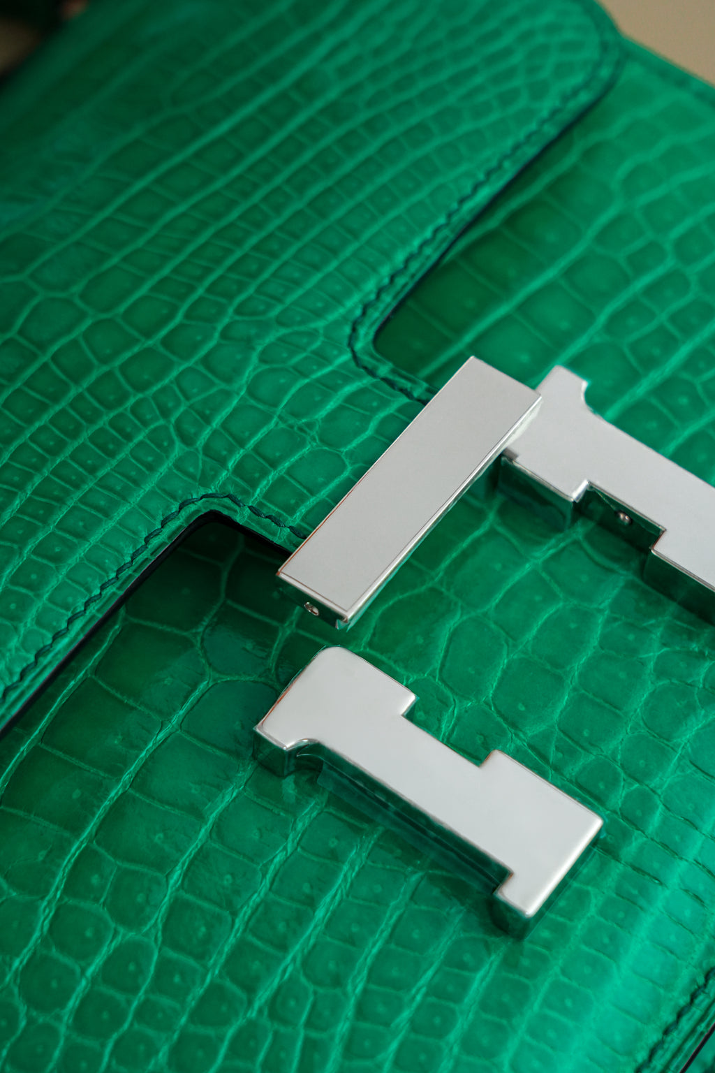 Constance- All Handmade Golden / Sliver Imperial Green Crocodile leather