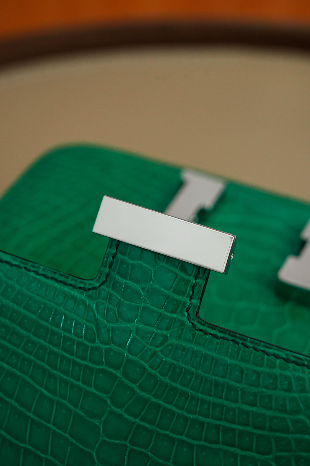 Constance- All Handmade Golden / Sliver Imperial Green Crocodile leather