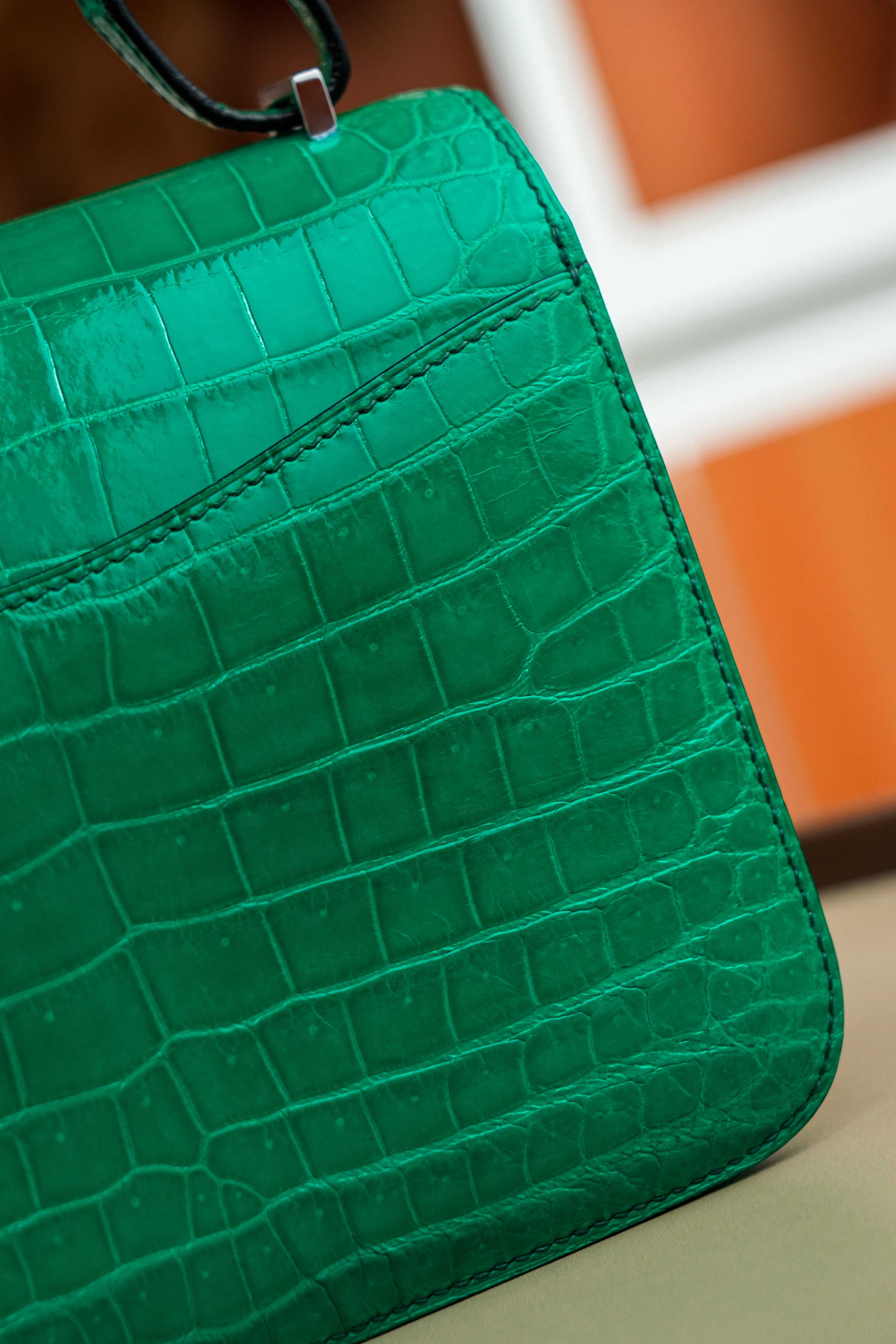 Constance- All Handmade Golden / Sliver Imperial Green Crocodile leather