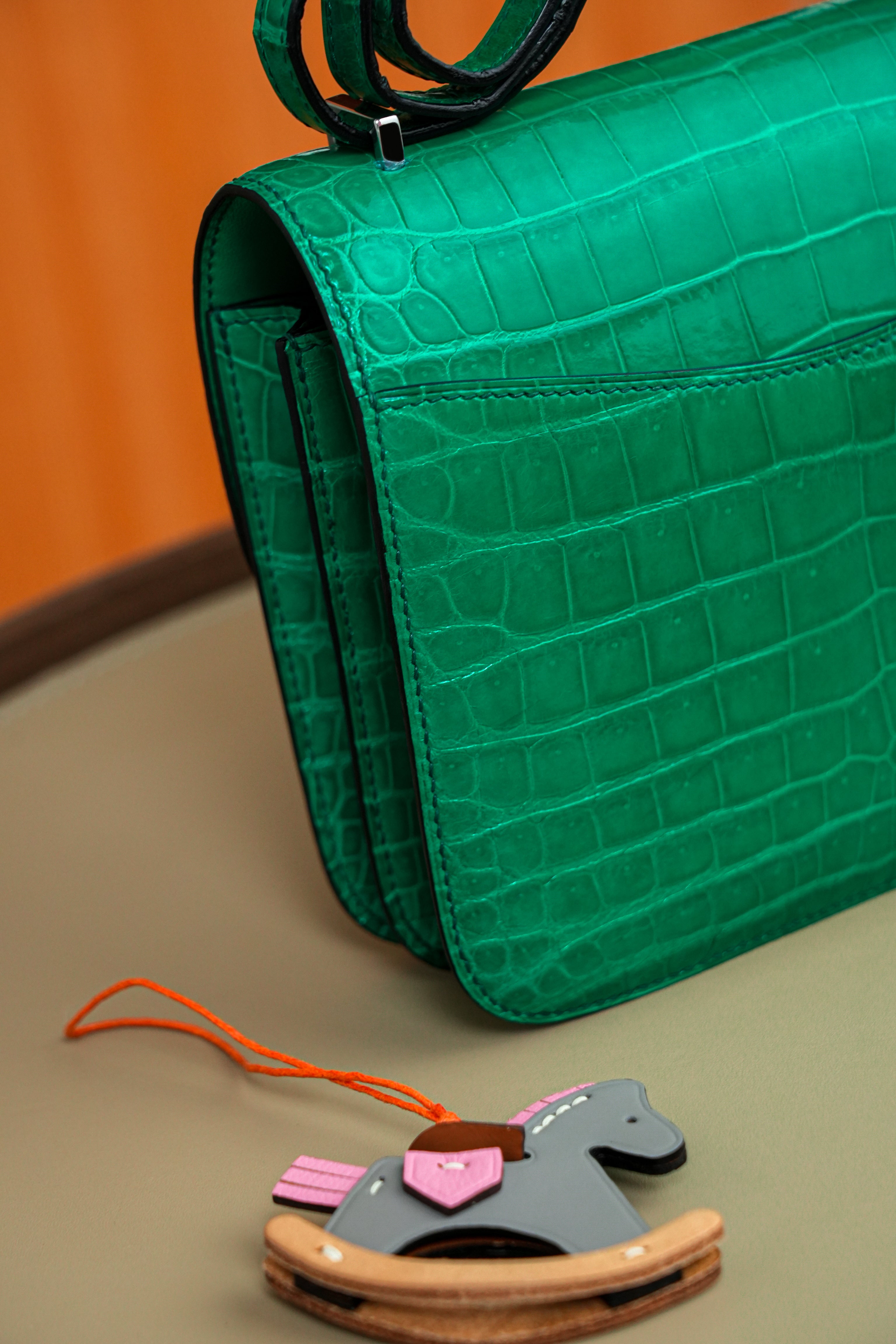 Constance- All Handmade Golden / Sliver Imperial Green Crocodile leather