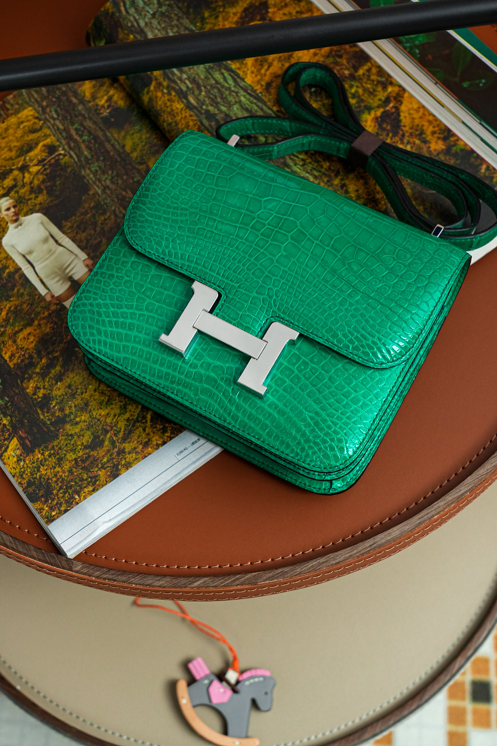 Constance- All Handmade Golden / Sliver Imperial Green Crocodile leather