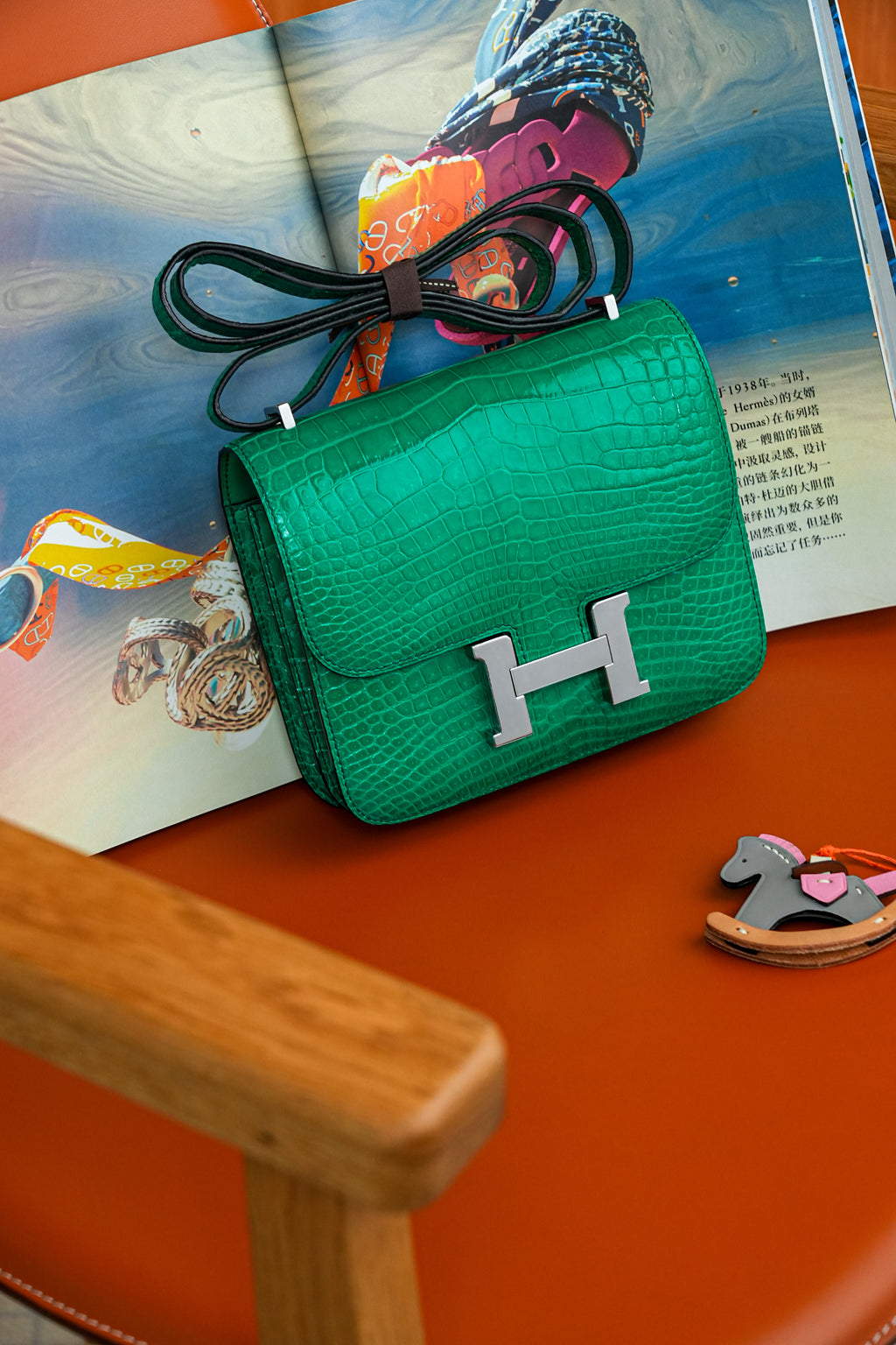 Constance- All Handmade Golden / Sliver Imperial Green Crocodile leather