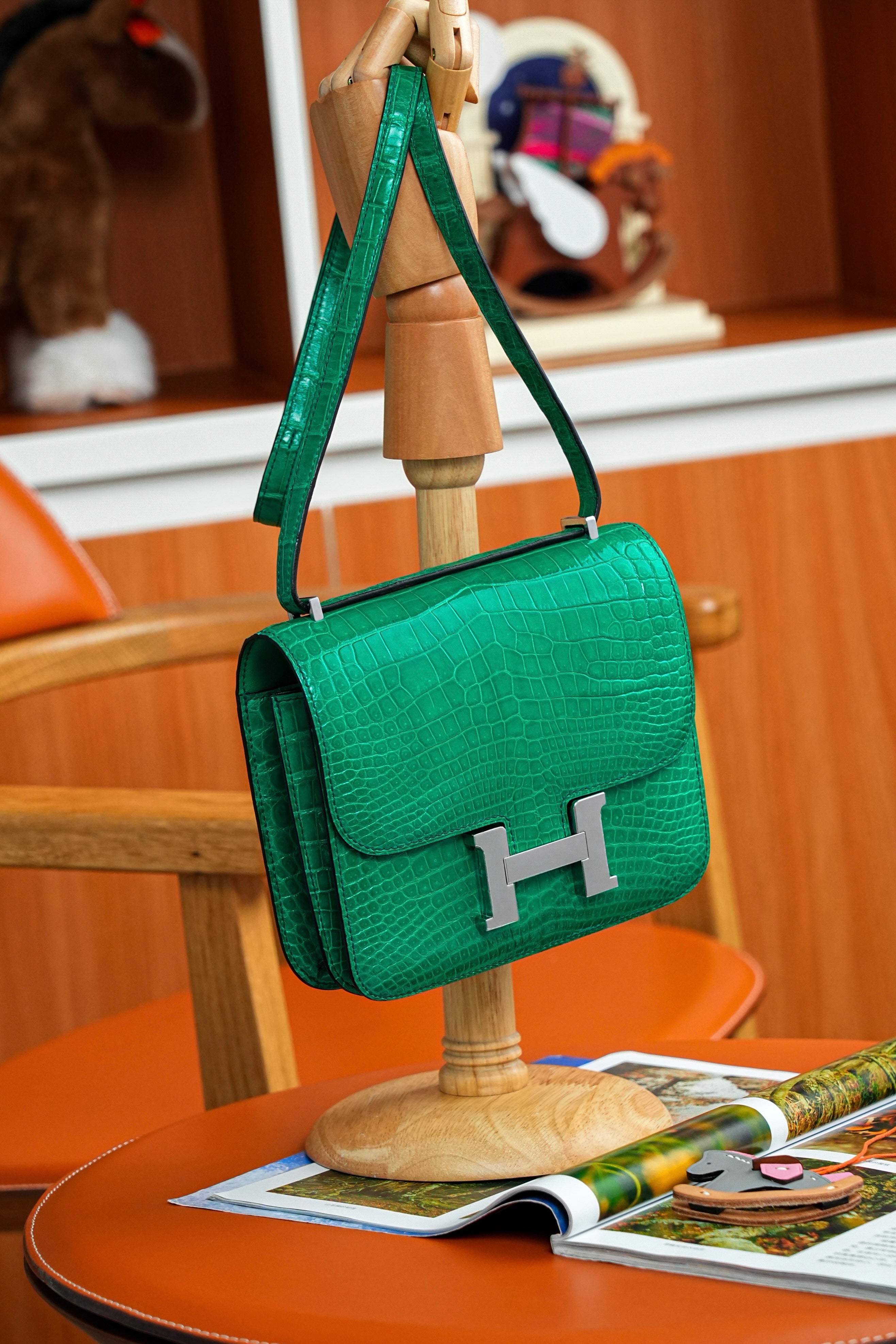 Constance- All Handmade Golden / Sliver Imperial Green Crocodile leather