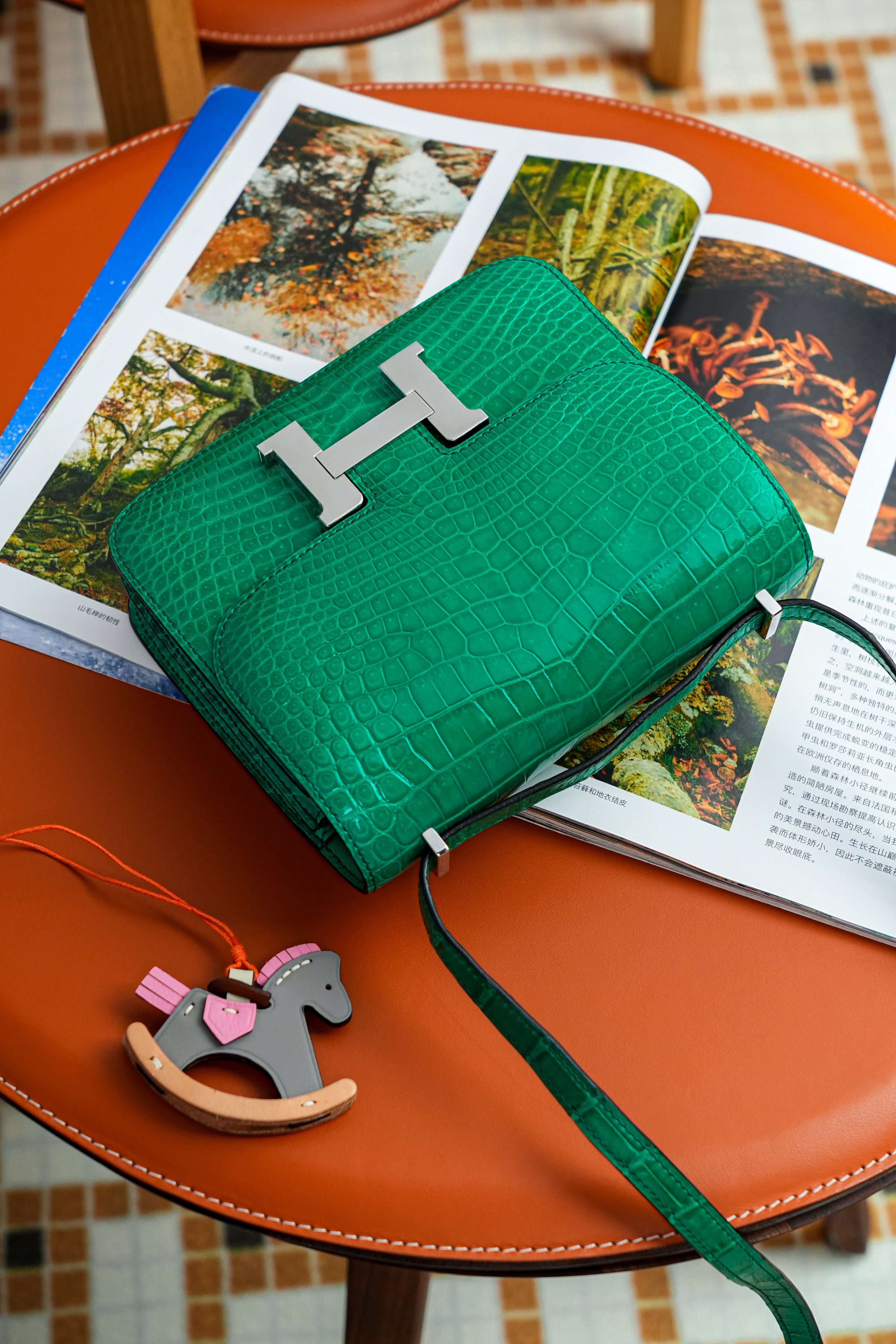 Constance- All Handmade Golden / Sliver Imperial Green Crocodile leather