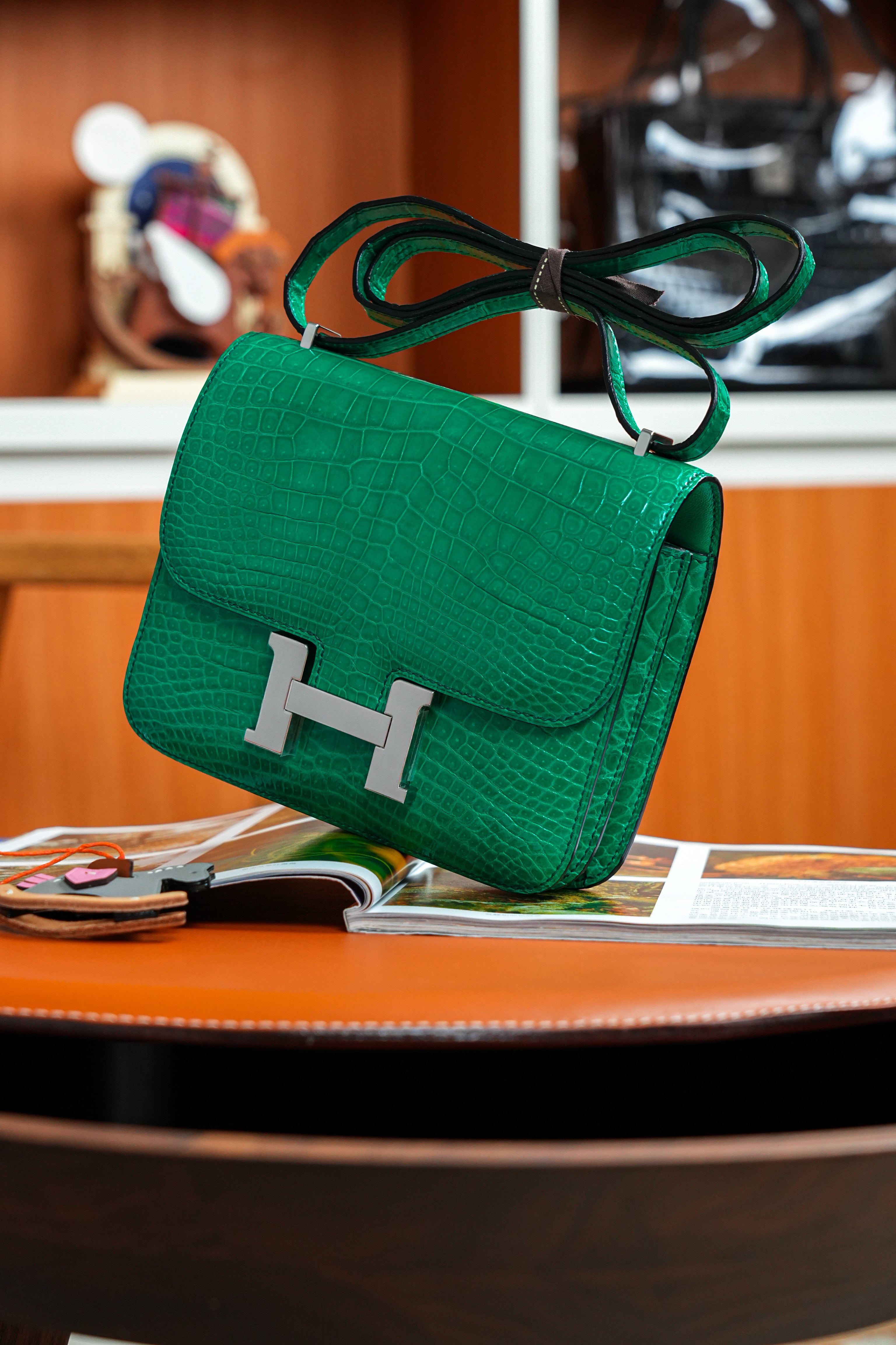 Constance- All Handmade Golden / Sliver Imperial Green Crocodile leather