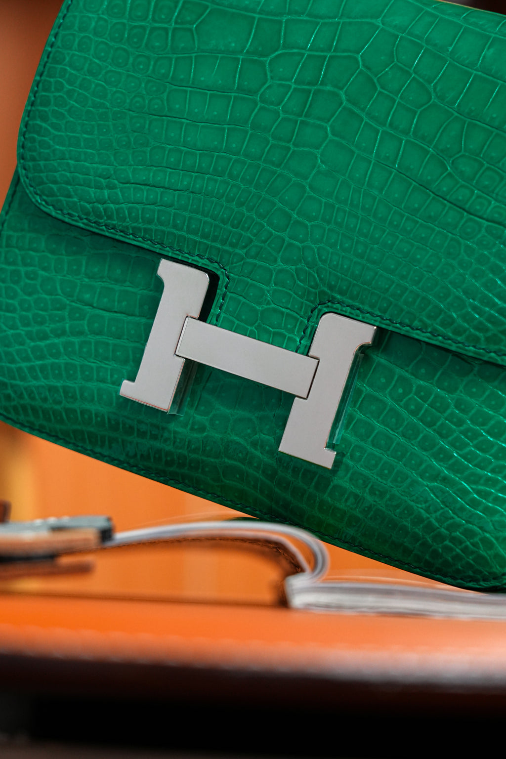 Constance- All Handmade Golden / Sliver Imperial Green Crocodile leather